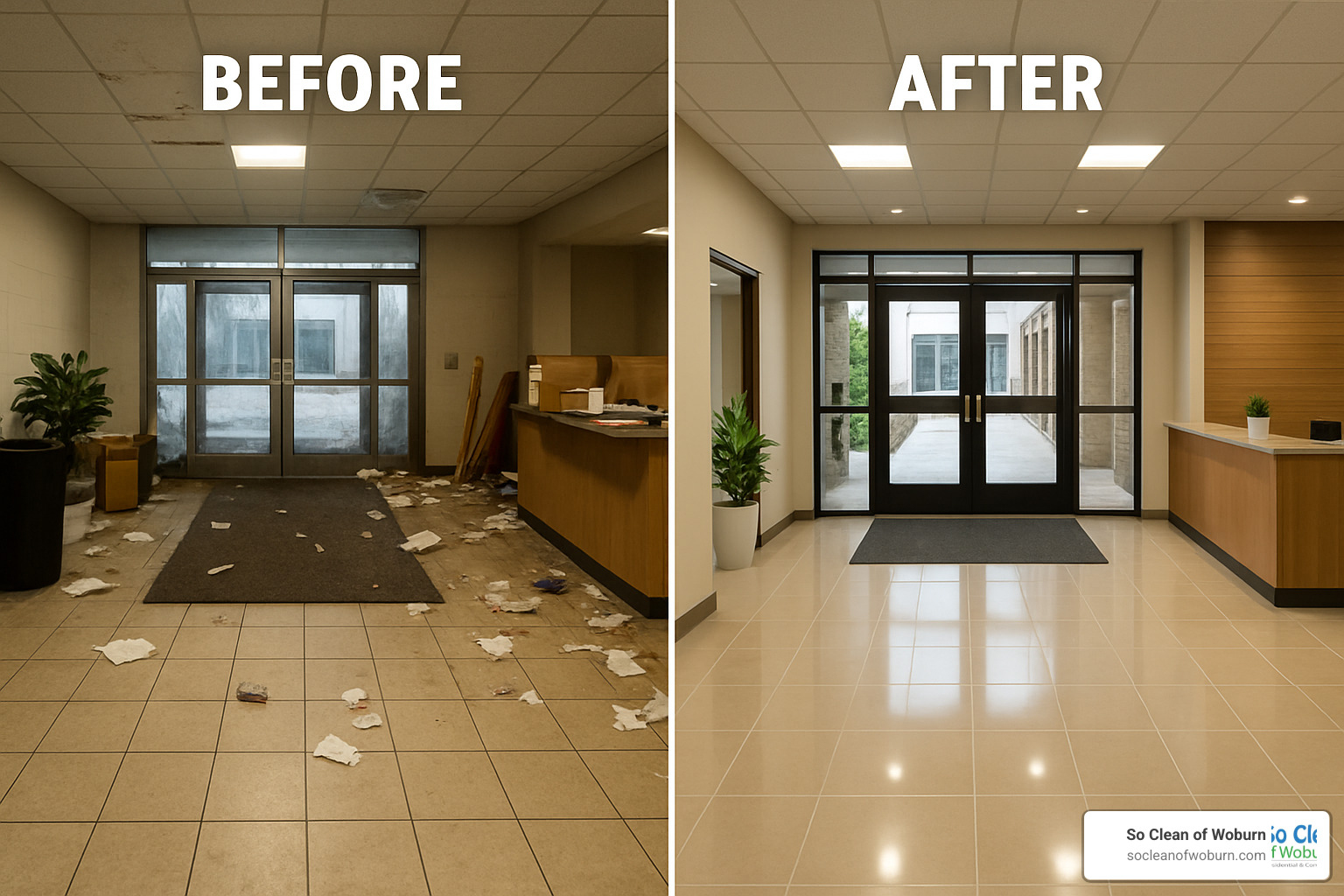 Before and after images of a cleaned commercial lobby - commercial cleaning Medford Before and after images of a cleaned commercial lobby - commercial cleaning Medford