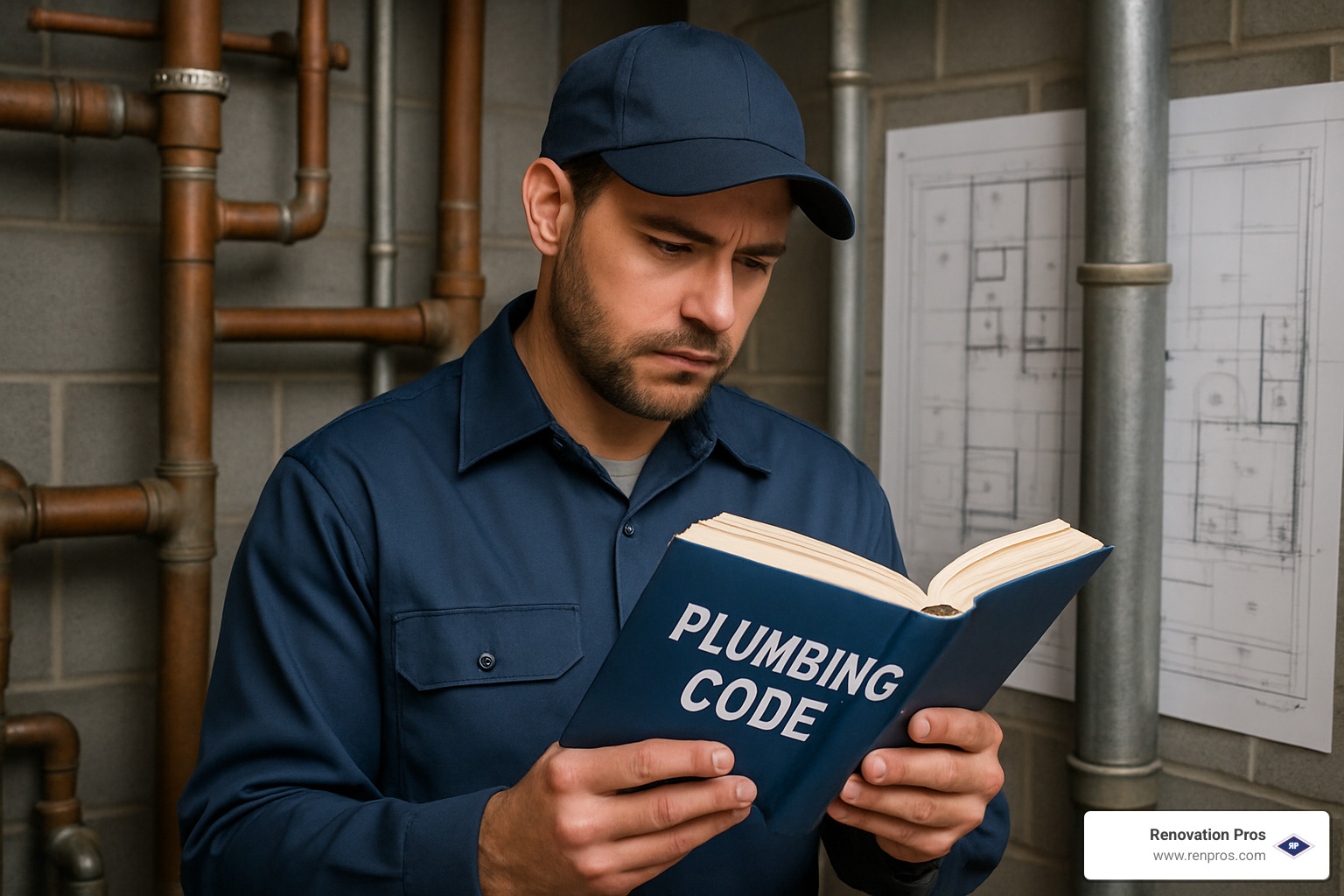 technician reviewing plumbing code book - Commercial plumbing Temecula