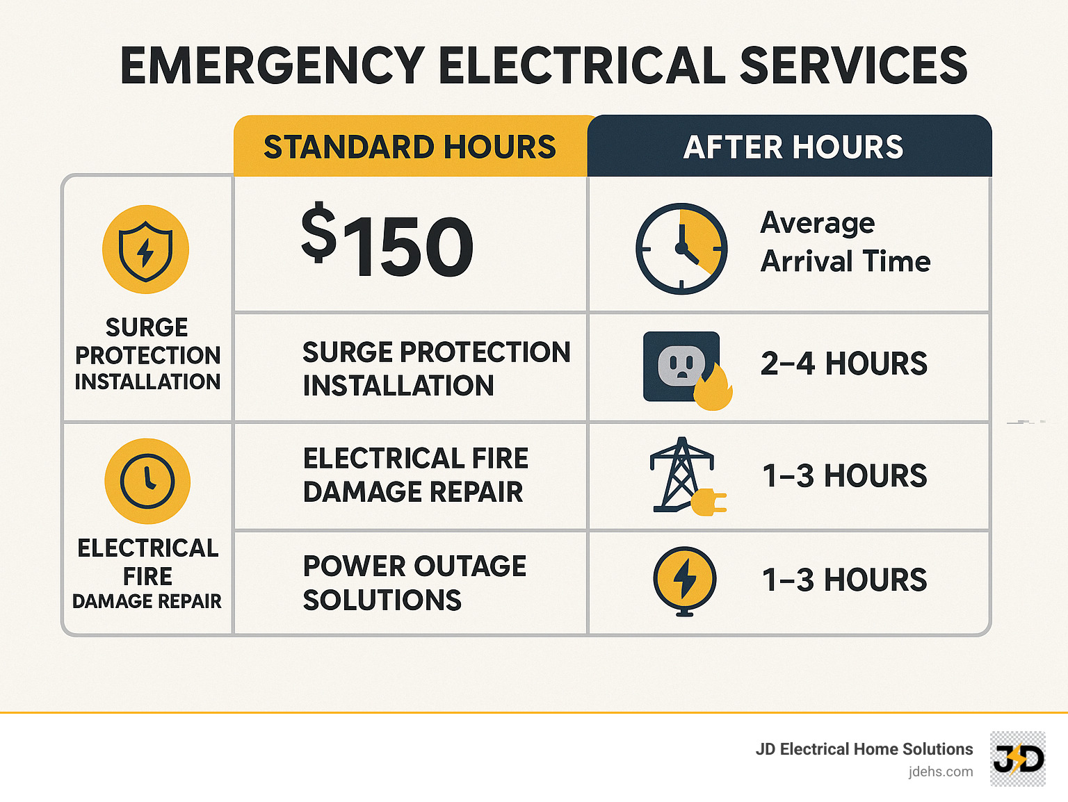 Comparison of emergency electrical service response times and costs showing standard business hours versus after-hours rates, along with average arrival times and typical service durations for different types of electrical emergencies - emergency electrical services infographic 