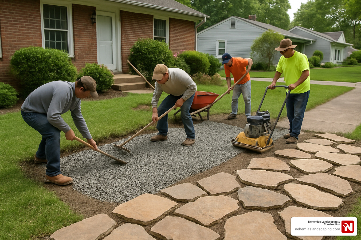flagstone walkway installation crew laying base material - flagstone walkway installation near me
