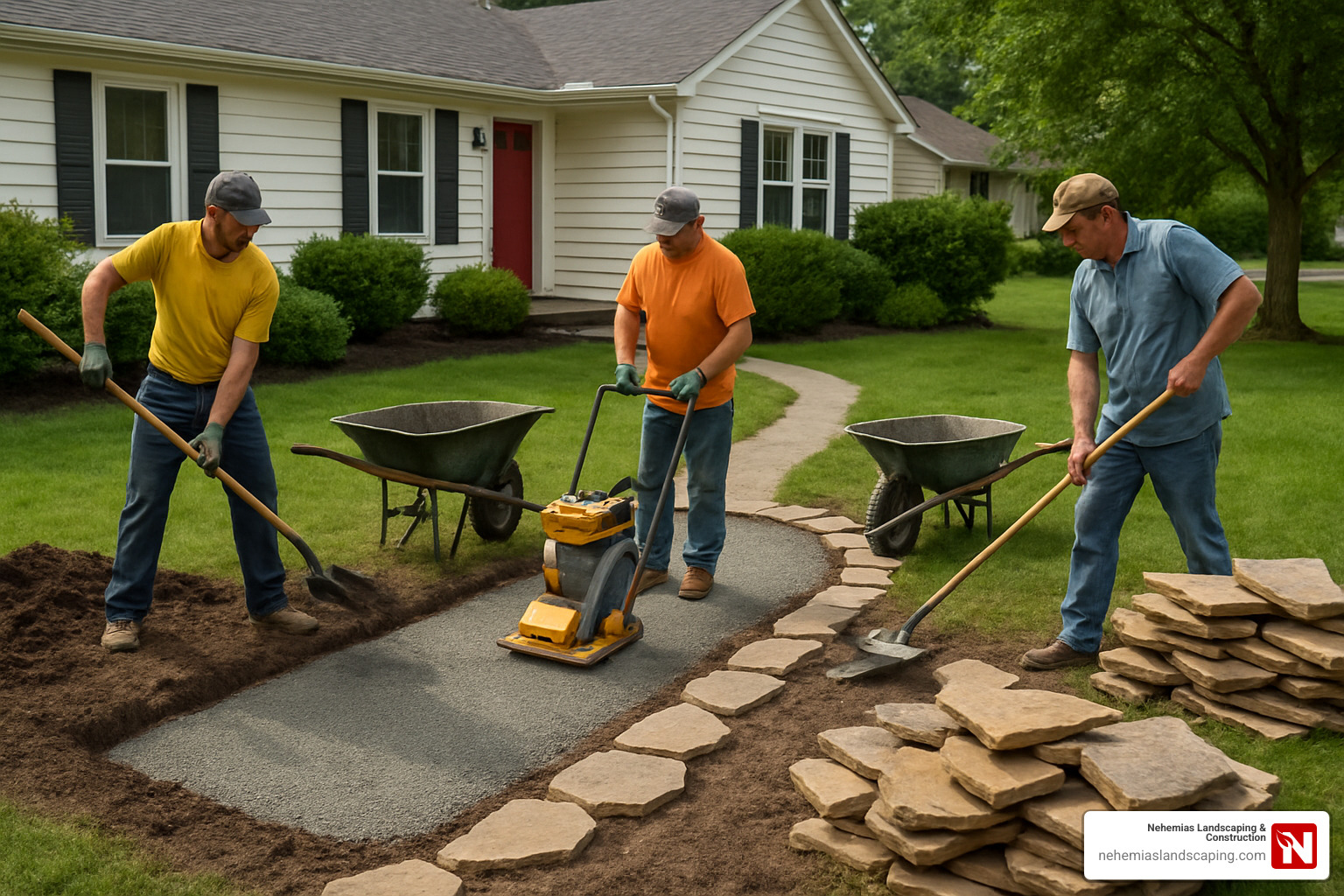 landscaping crew laying stone walkway base - flagstone walkway installation near me
