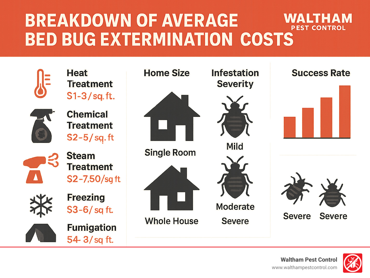 Breakdown of average bed bug extermination costs by treatment type, home size, and severity level, showing heat treatment ($1-3/sq ft), chemical treatment ($2-5/sq ft), steam treatment ($2-7.50/sq ft), freezing ($3-6/sq ft), and fumigation ($4-8/sq ft) with comparative success rates - bed bug extermination cost infographic 