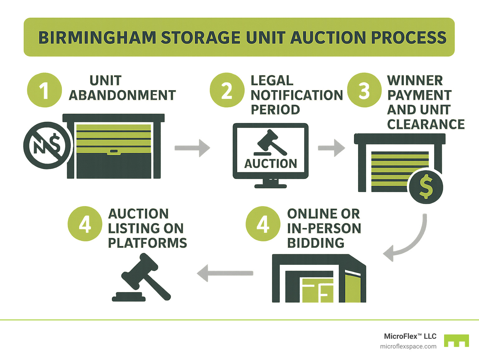 Birmingham Storage Unit Auction Process infographic showing the 5-step process: 1) Unit abandonment after non-payment, 2) Legal notification period, 3) Auction listing on platforms, 4) Online or in-person bidding period, 5) Winner payment and unit clearance requirements - birmingham storage unit auctions infographic