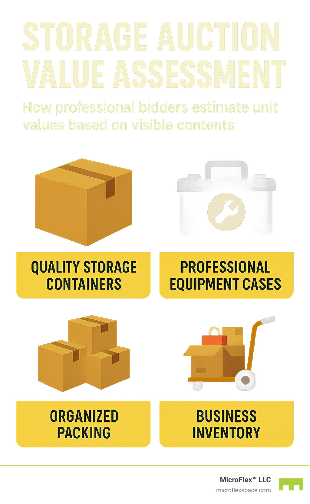 Storage auction value assessment showing how professional bidders estimate unit values based on visible contents - birmingham storage unit auctions infographic