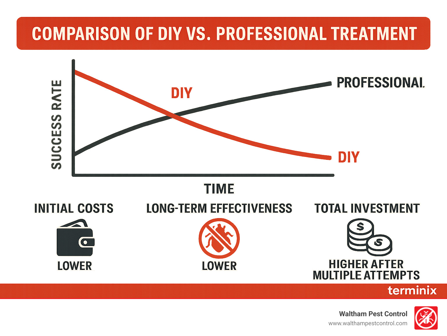 Comparison of DIY vs professional treatment success rates over time, showing initial costs, long-term effectiveness, and total investment after multiple treatment attempts - bed bug extermination cost infographic 
