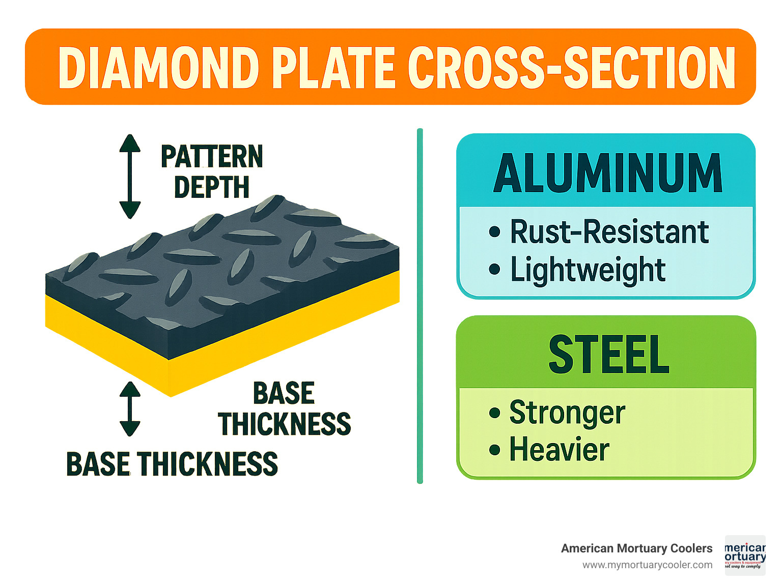 Diagram showing the cross-section of diamond plate, including pattern depth, base thickness, and comparison between aluminum vs steel materials with their respective benefits - diamond plate trailer infographic 