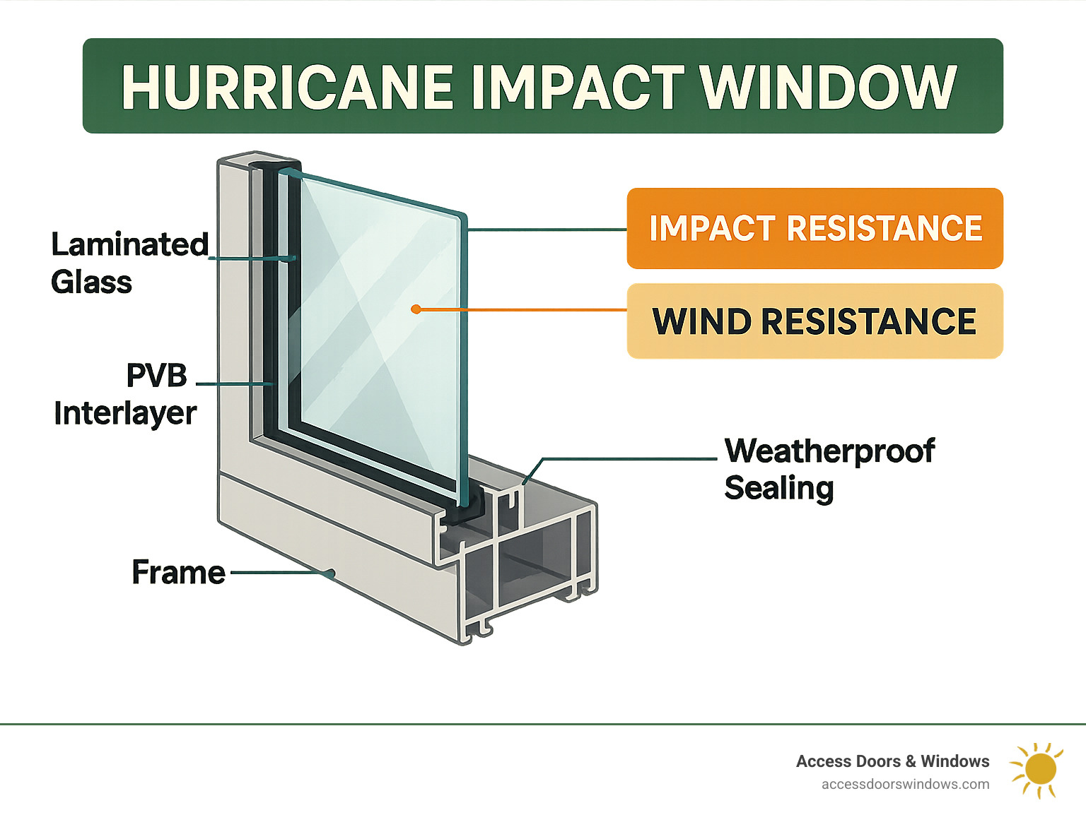 Detailed cross-section of hurricane impact window showing laminated glass layers, PVB interlayer, frame construction, and weatherproof sealing with labels for each component and resistance ratings - hurricane impact windows near me infographic 