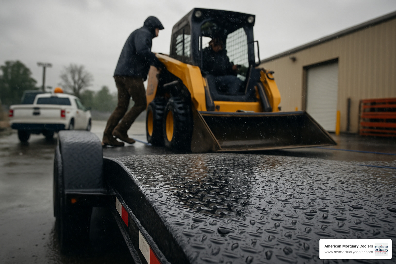 diamond plate trailer being loaded in rainy conditions showing anti-slip properties - diamond plate trailer