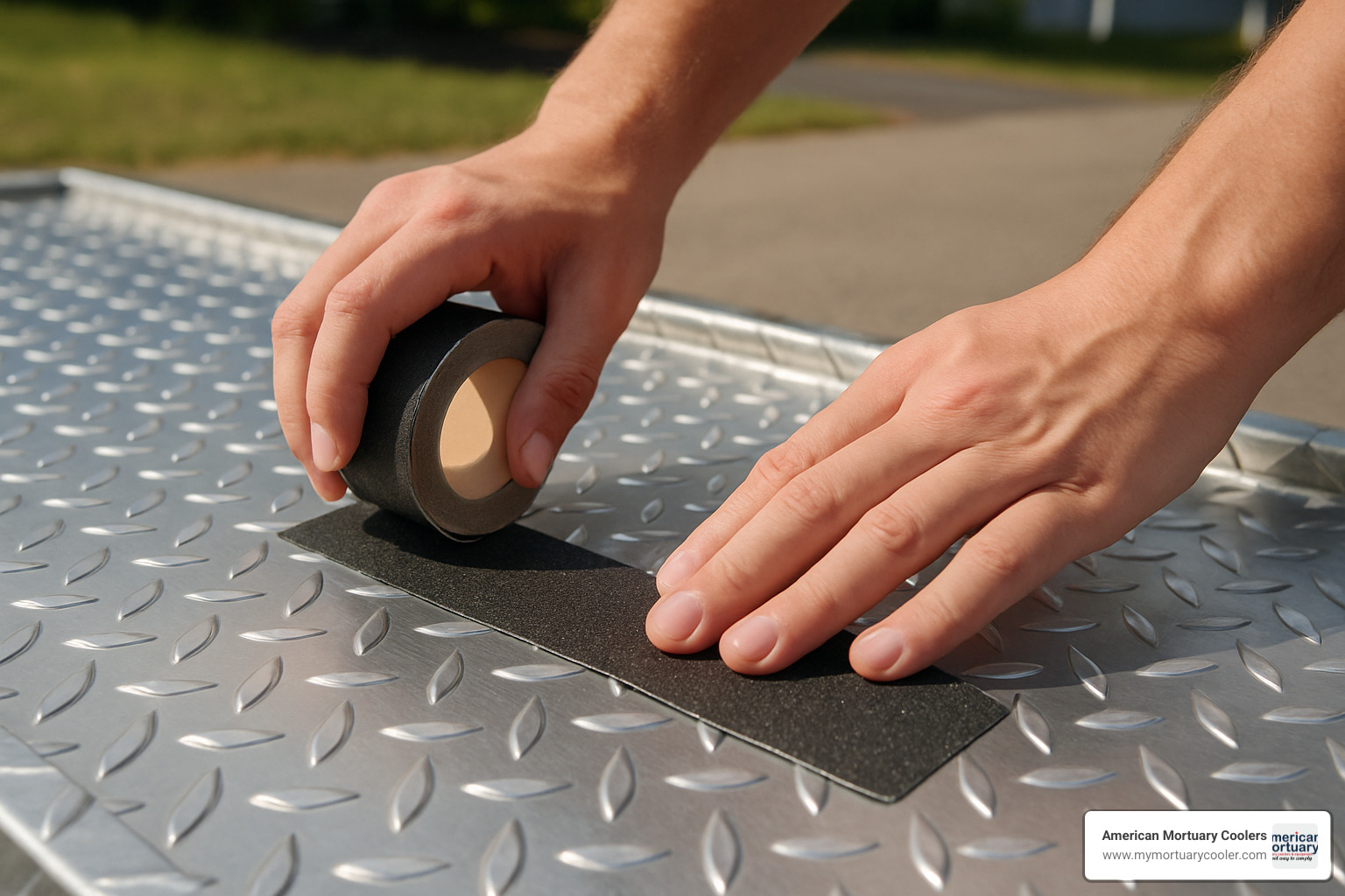 grip tape being applied to diamond plate surface - diamond plate trailer