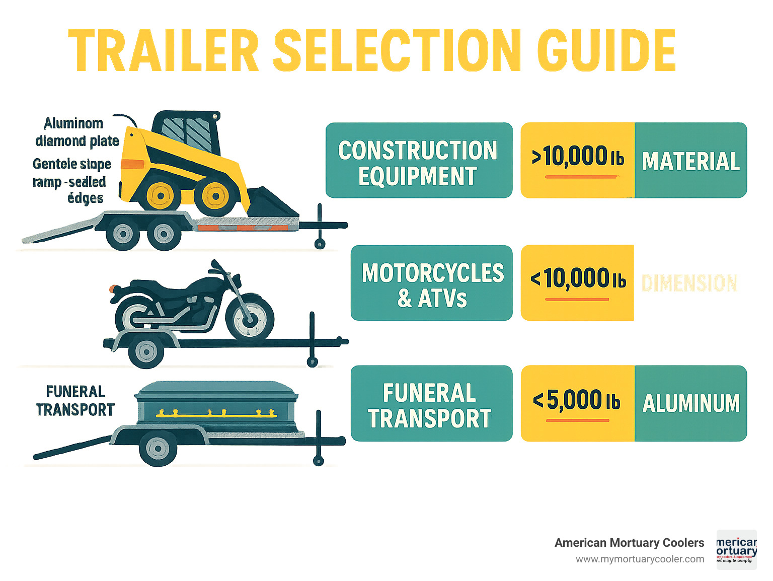 infographic showing trailer selection guide with weight ratings, dimensions, and material recommendations for different applications - diamond plate trailer infographic 