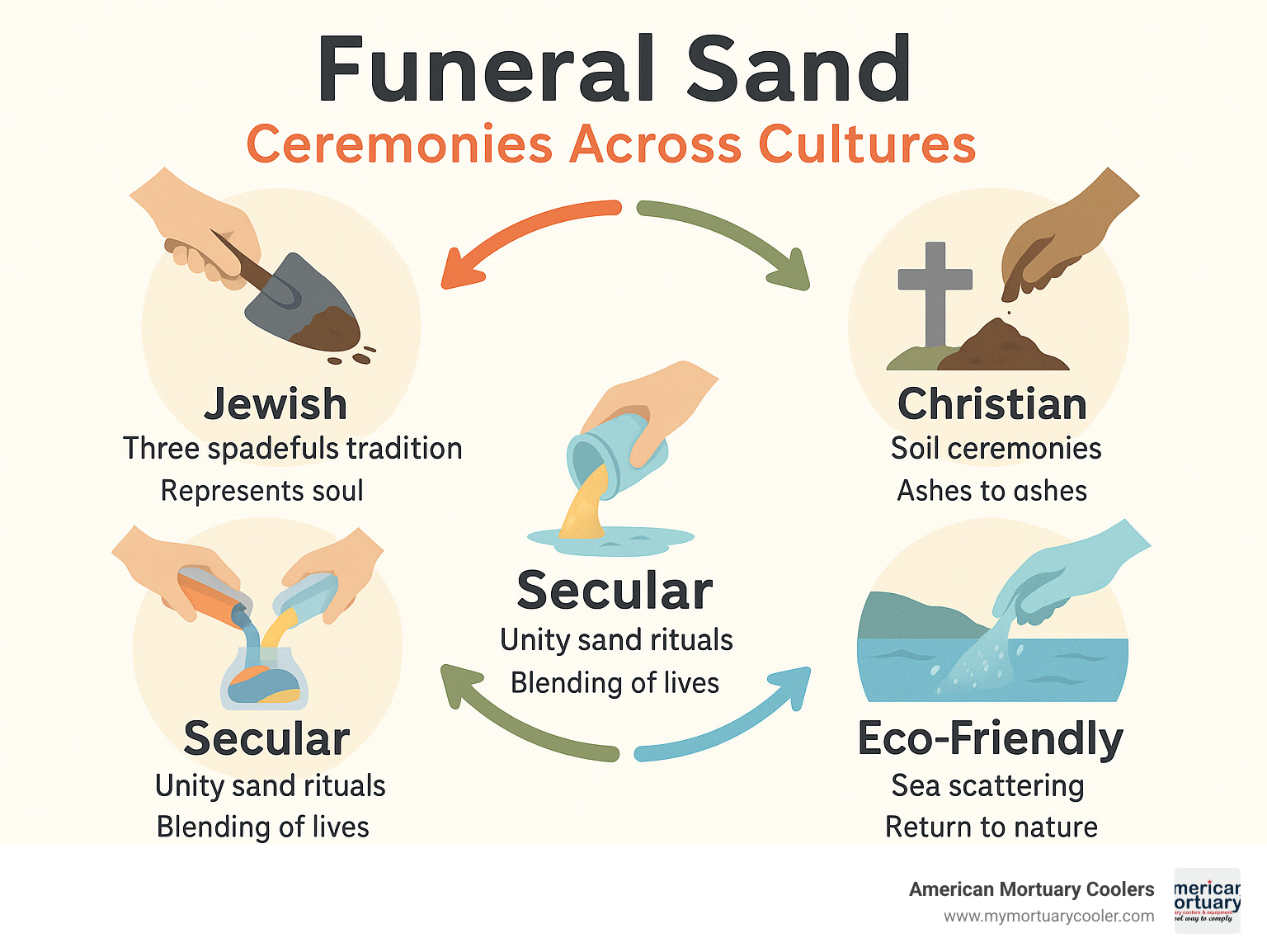 Diagram showing different funeral sand ceremonies across cultures, including Jewish three spadefuls tradition, Christian soil ceremonies, secular unity sand rituals, and eco-friendly sea scattering processes with their symbolic meanings - funeral sand infographic 