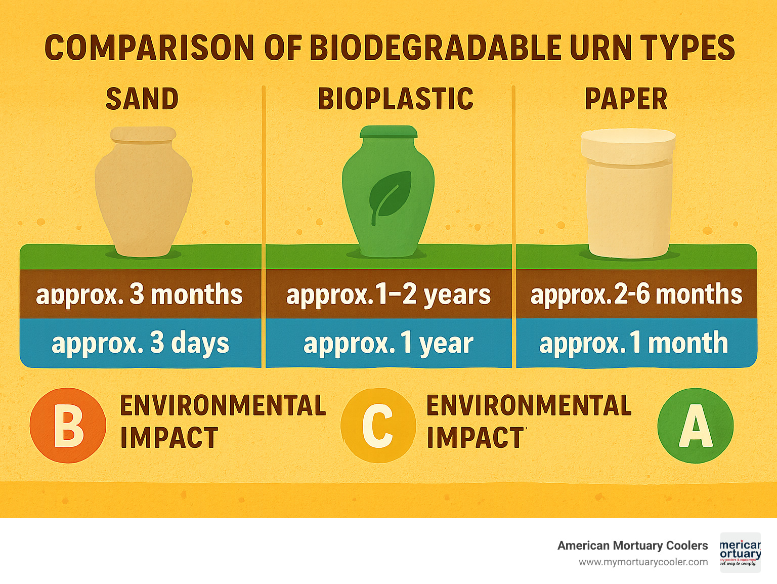 Comparison of different biodegradable urn types showing decomposition rates in soil vs. water and environmental impact ratings - funeral sand infographic 