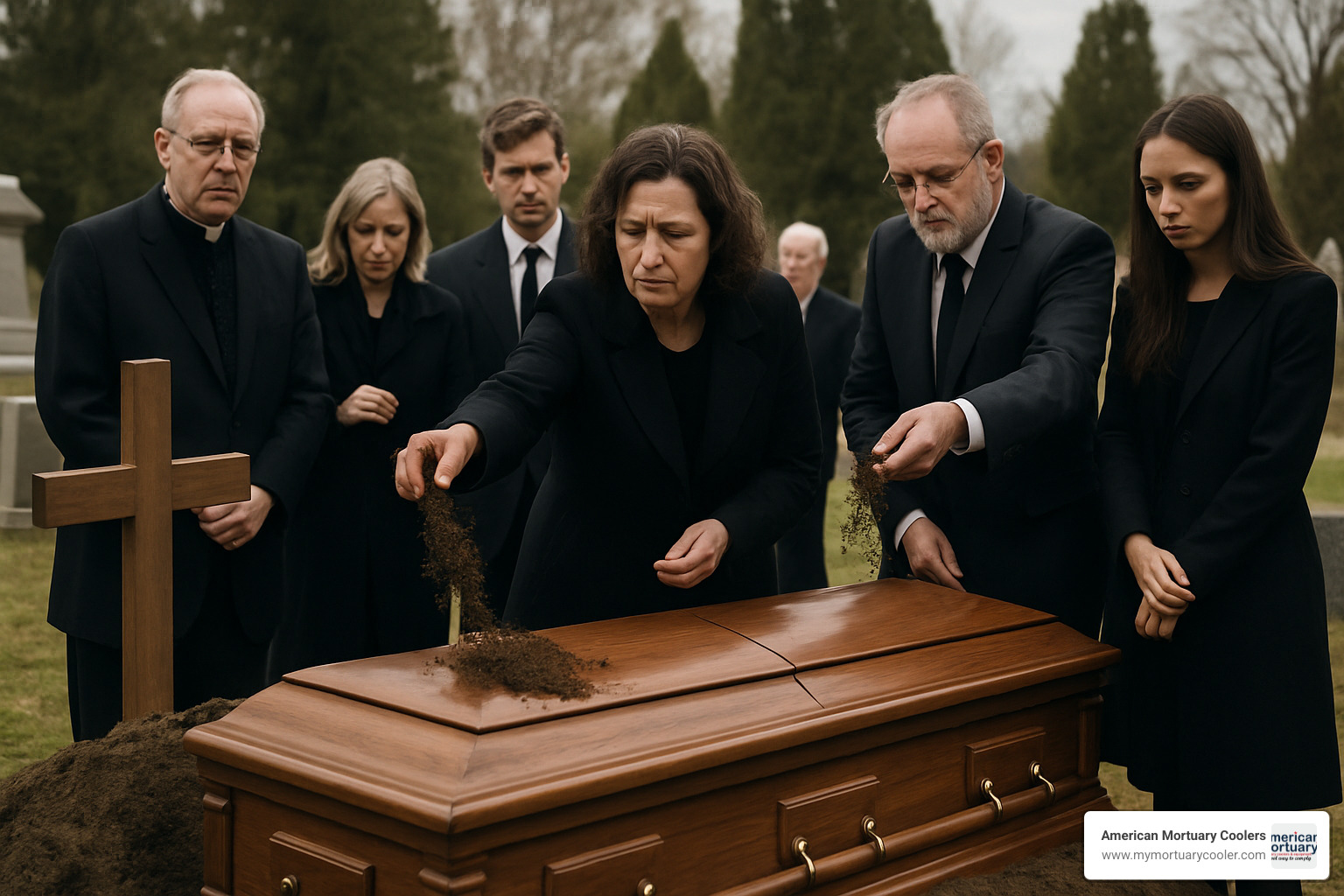Christian burial ceremony with mourners placing soil on casket - funeral sand