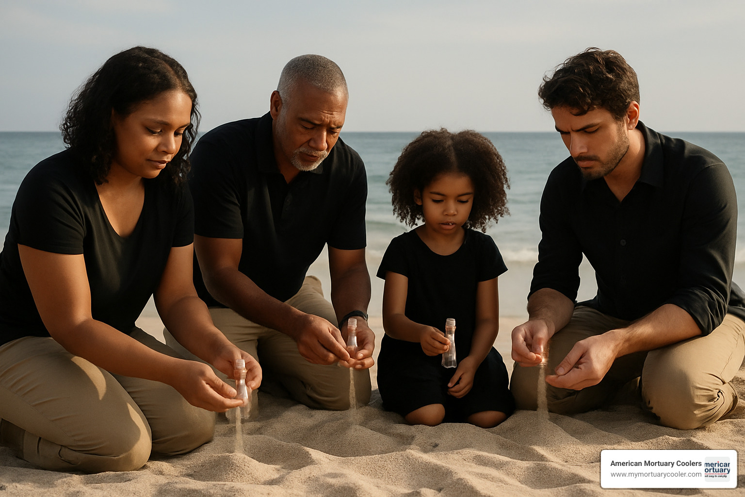 Beach memorial ceremony with family members collecting sand in small vials - funeral sand