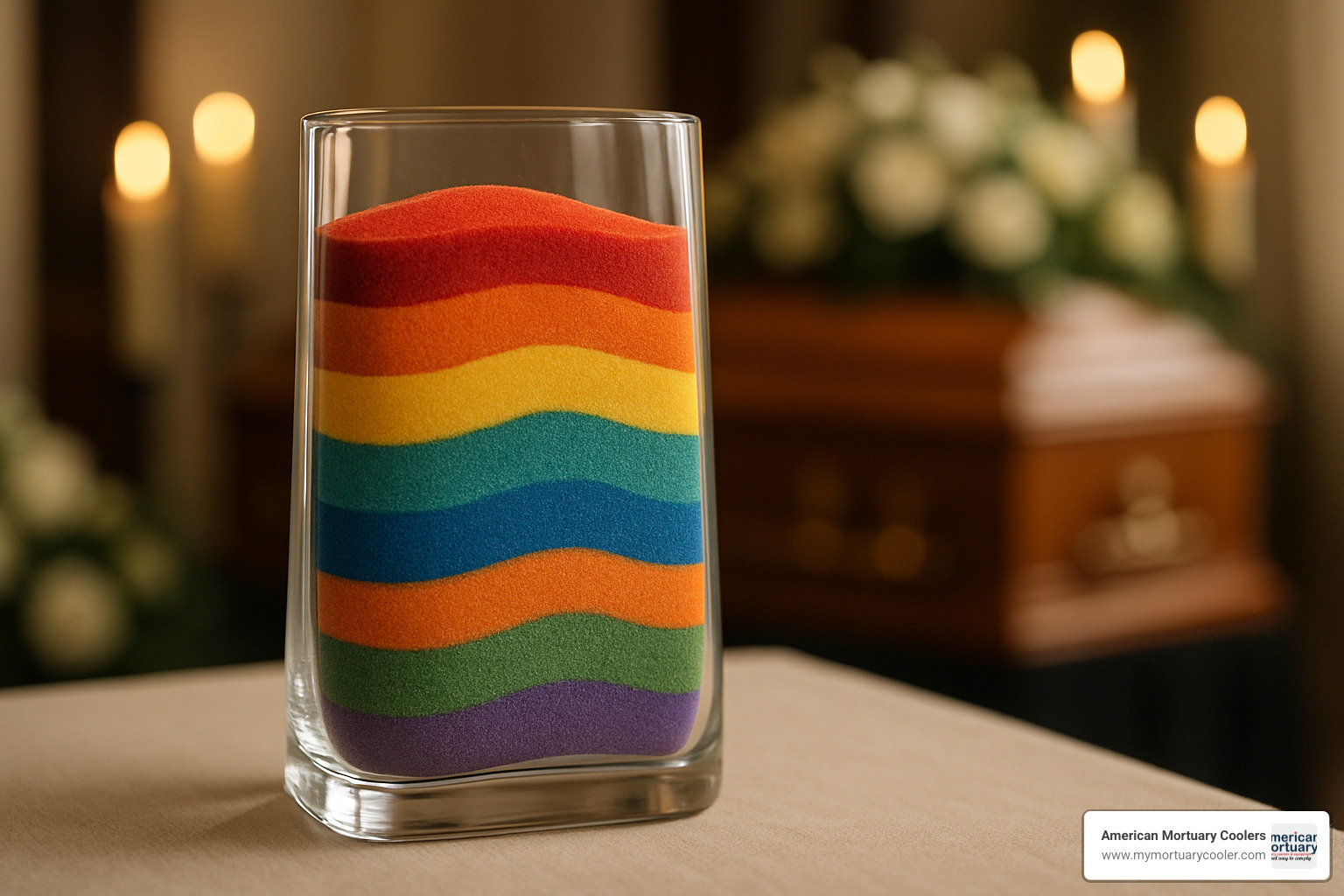 Colorful layers of funeral sand in a memorial vessel showing distinct colors representing different family members - funeral sand