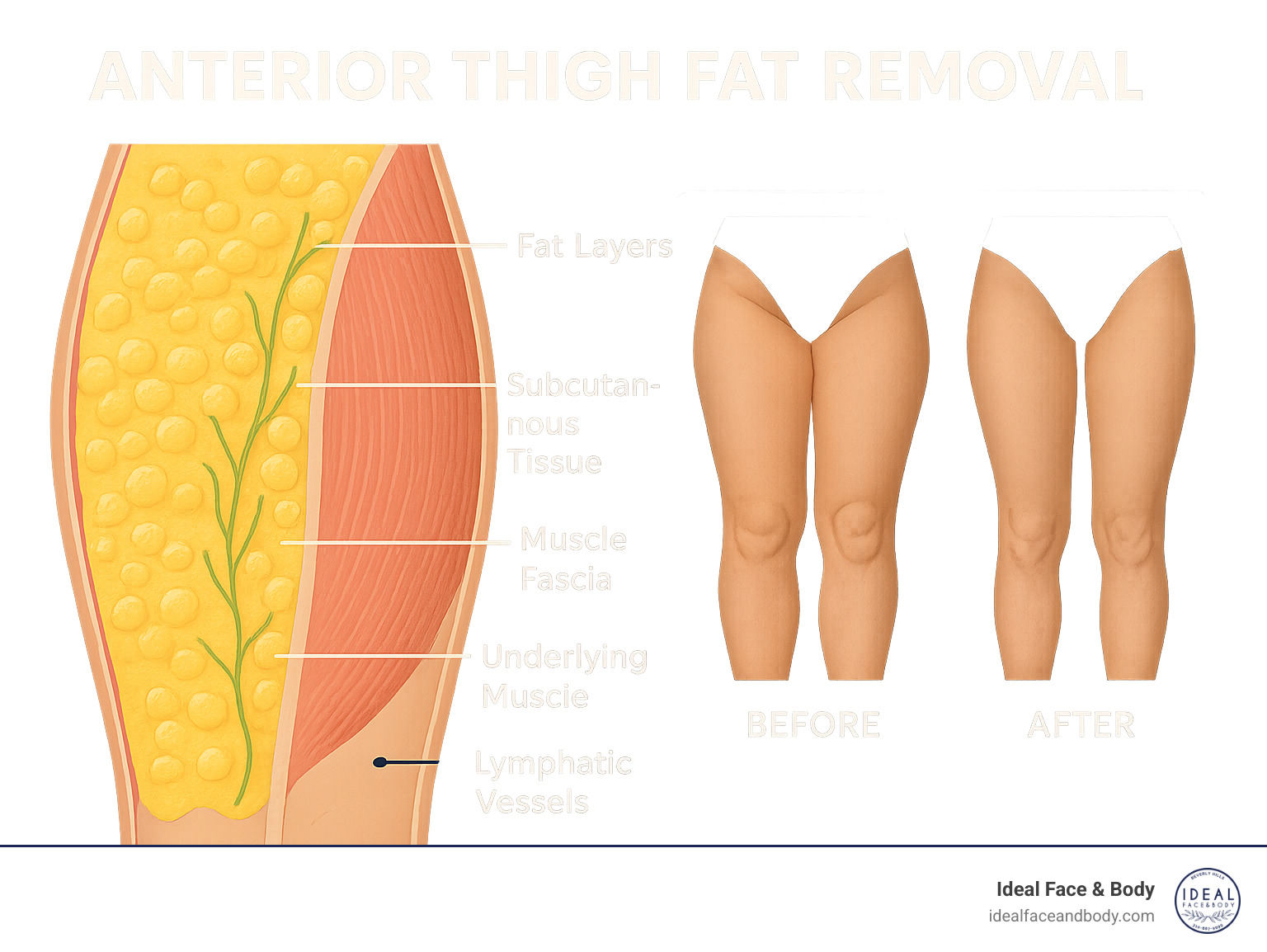 Detailed diagram showing anterior thigh anatomy with fat layers, subcutaneous tissue, muscle fascia, and lymphatic vessels, plus before/after comparison of anterior thigh fat removal - anterior thigh fat removal infographic 
