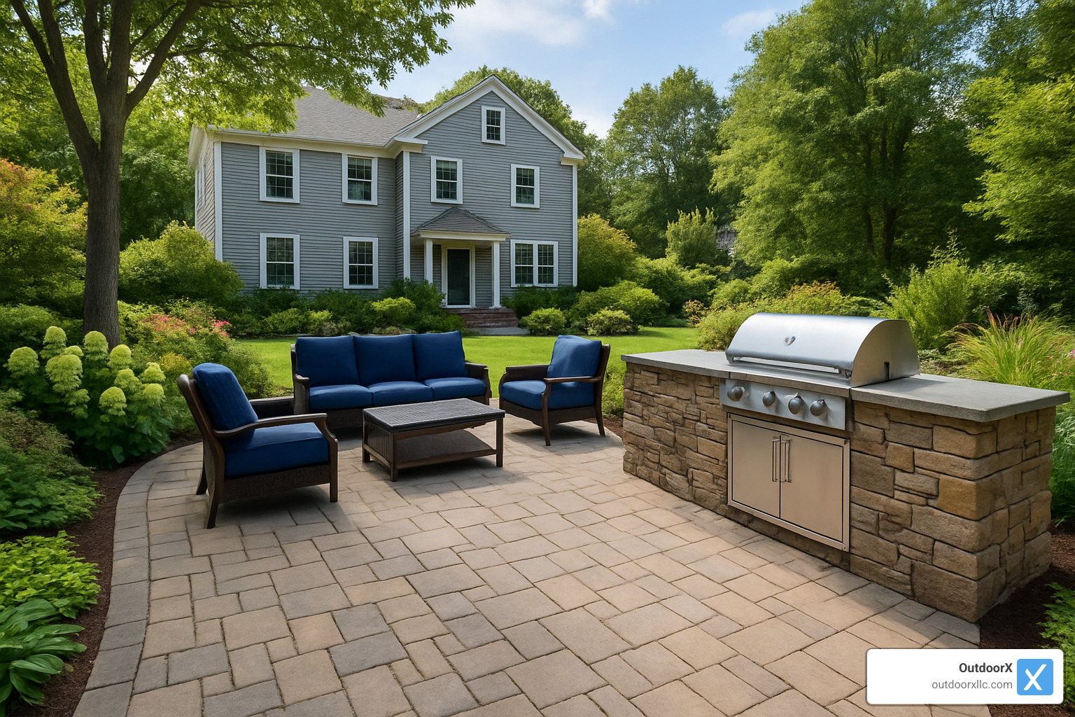Beautiful hardscaped patio with outdoor kitchen in Beverly MA - landscaping beverly ma
