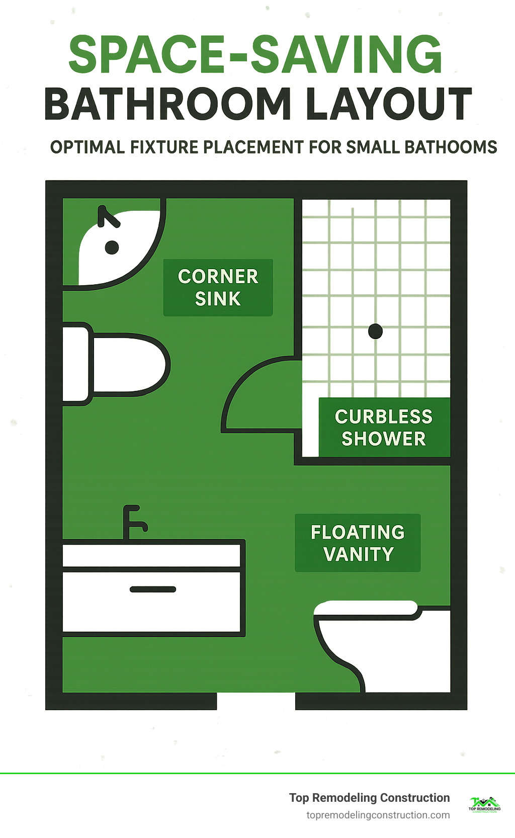 Space-saving bathroom layout infographic showing optimal fixture placement for small bathrooms - Best bathroom renovation ideas infographic