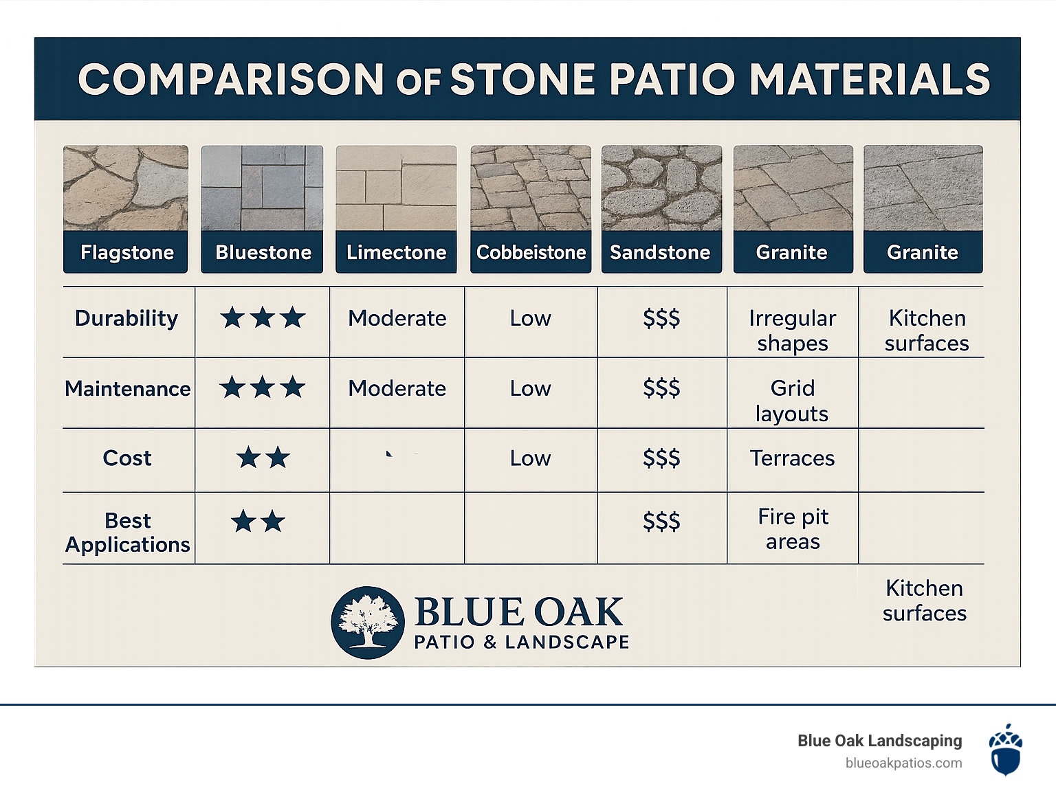 Comparison of stone patio materials showing durability ratings, maintenance requirements, cost ranges, and best applications for flagstone, bluestone, limestone, cobblestone, sandstone, and granite - stone patio designs infographic 
