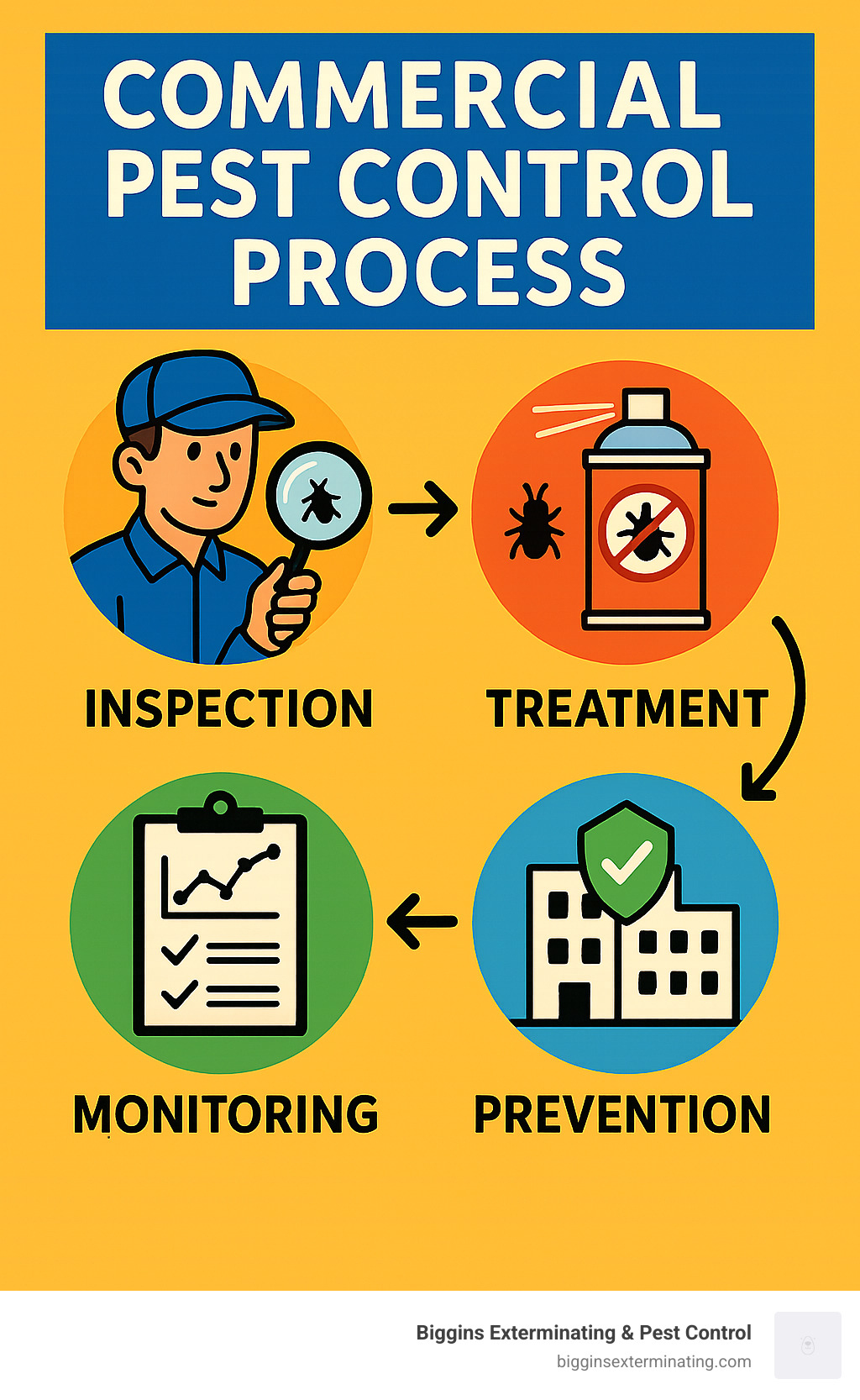 Commercial pest control process showing inspection, treatment, monitoring and prevention steps - commercial exterminators near me infographic 