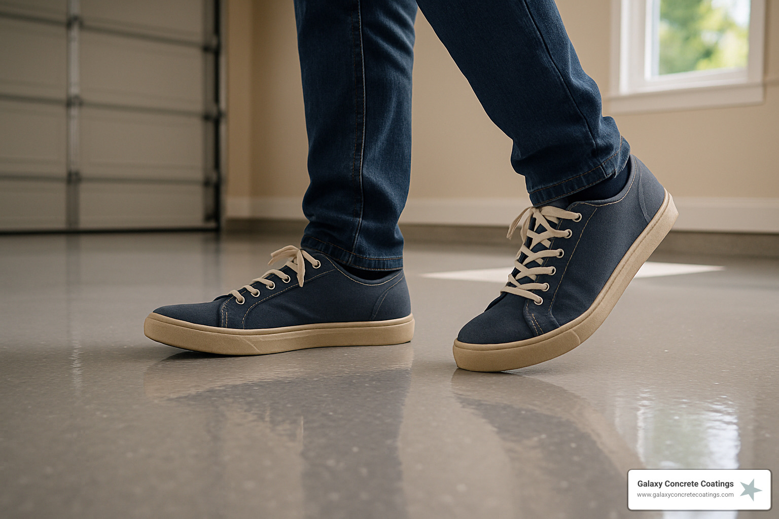 close-up of shoes walking on newly coated floor - how long before you can walk on polyaspartic floor coating close-up of shoes walking on newly coated floor - how long before you can walk on polyaspartic floor coating