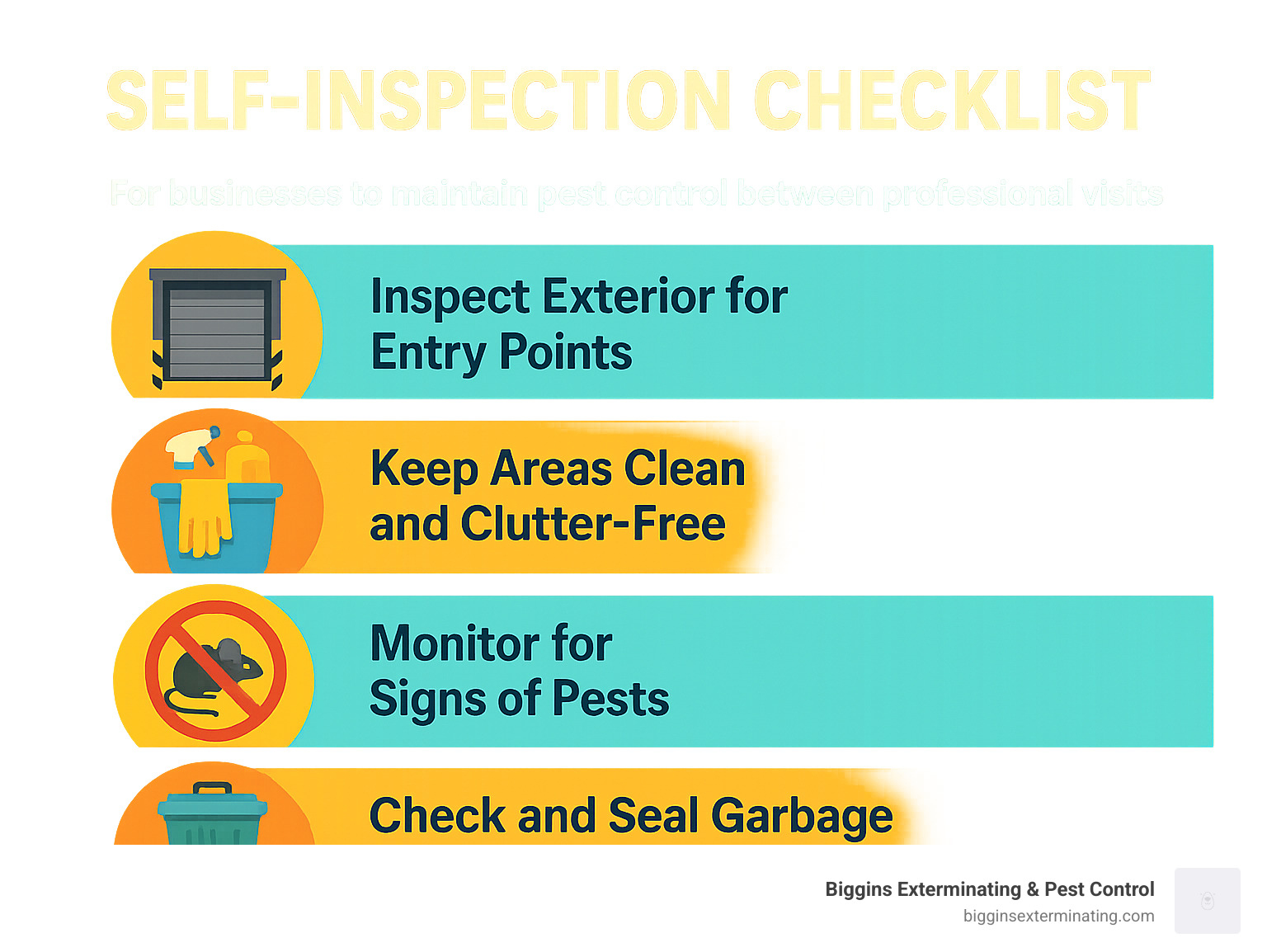 Self-inspection checklist for businesses to maintain pest control between professional visits - commercial exterminators near me infographic 