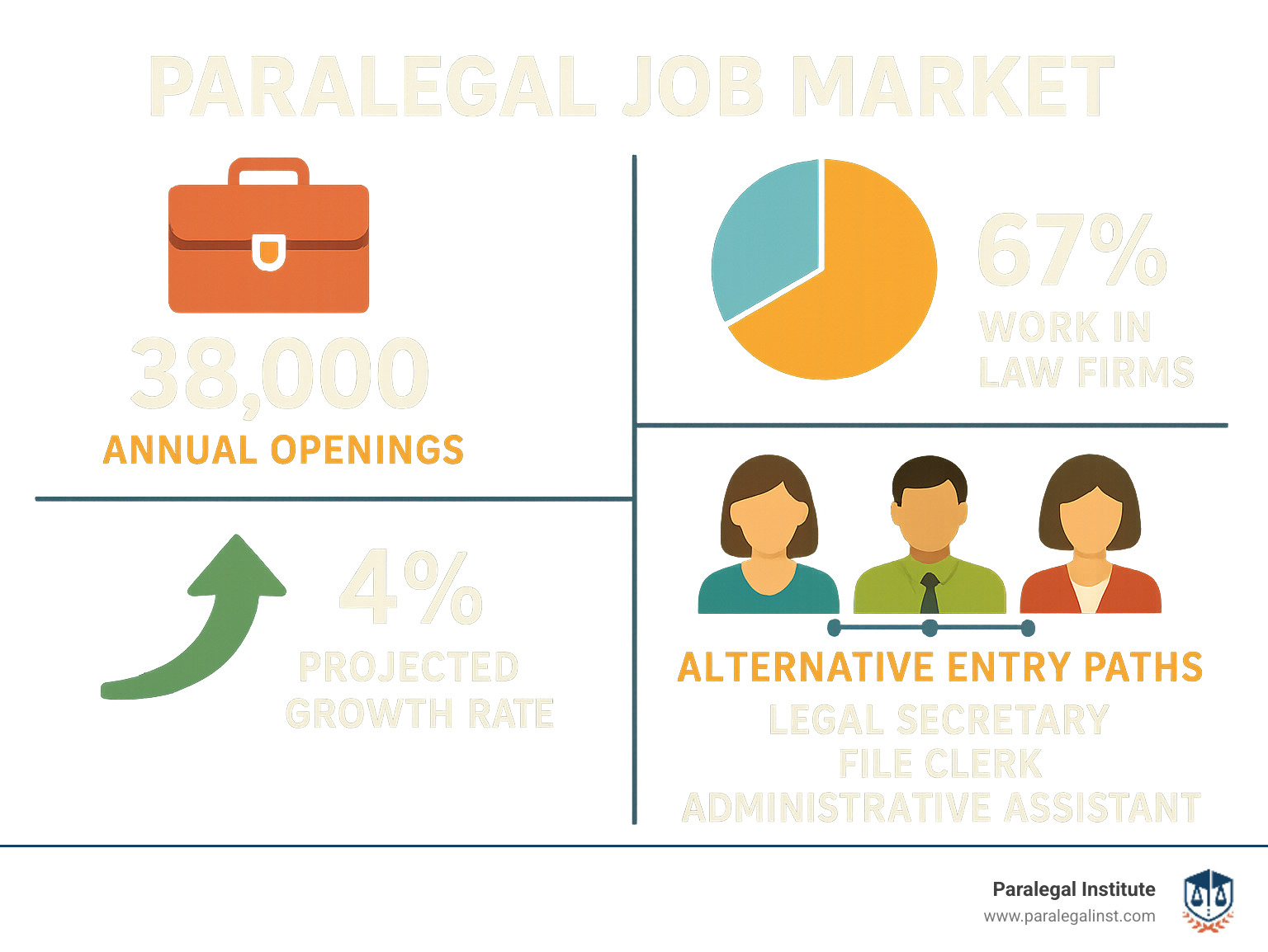 Diagram showing paralegal job market statistics including 38,000 annual openings, 67% of paralegals working in law firms, 4% projected growth rate, and alternative entry paths including legal secretary, file clerk, and administrative assistant positions - how hard is it to get entry level paralegal job infographic 