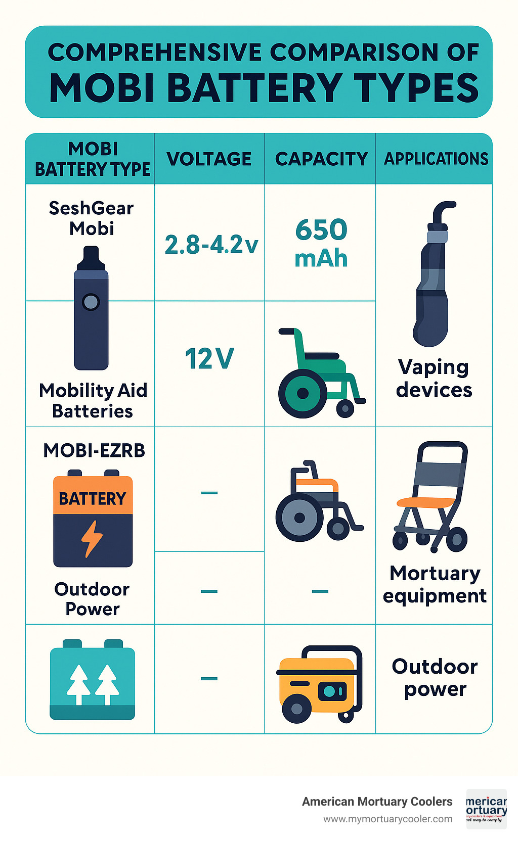 Comprehensive comparison of mobi battery types showing voltage, capacity, applications, and compatibility across vaping devices, mobility aids, mortuary equipment, and outdoor power solutions - mobi battery infographic 