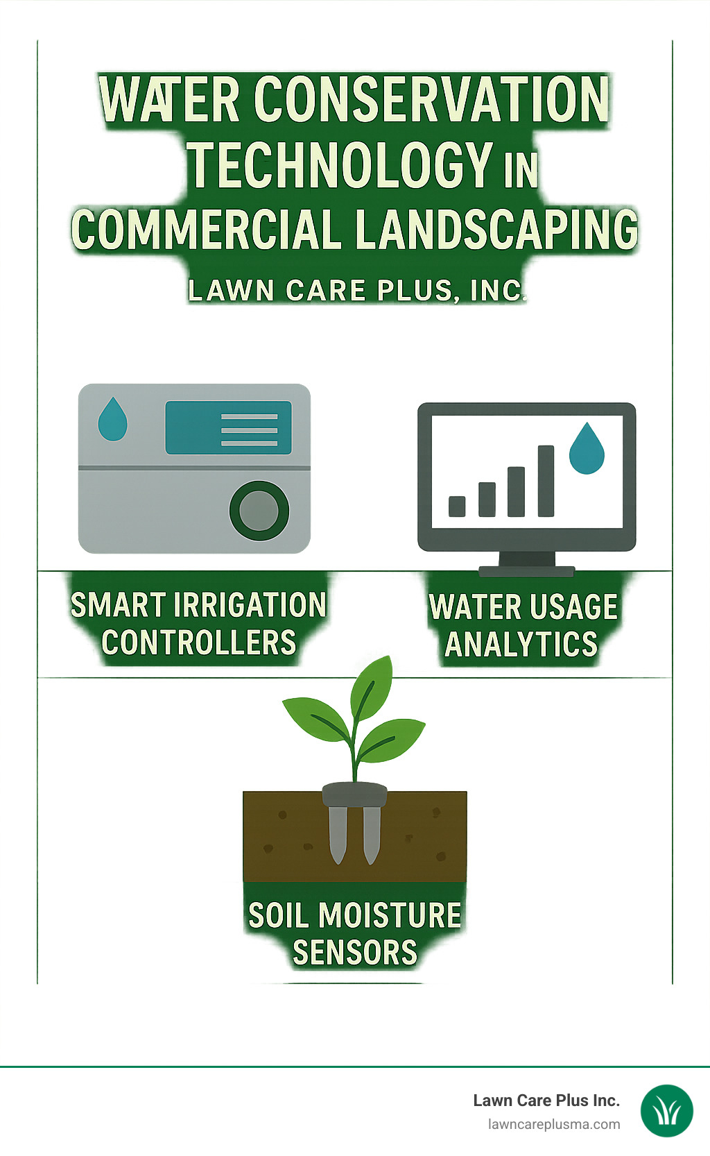 Water conservation technology in commercial landscaping showing smart irrigation controllers, soil moisture sensors, and water usage analytics - commercial landscape service near me infographic 