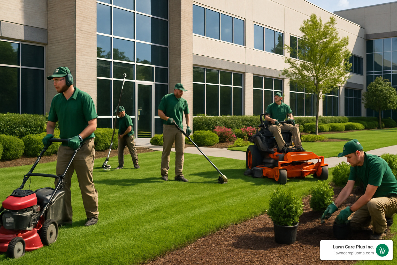 professional landscape crew working at commercial property - commercial landscape service near me