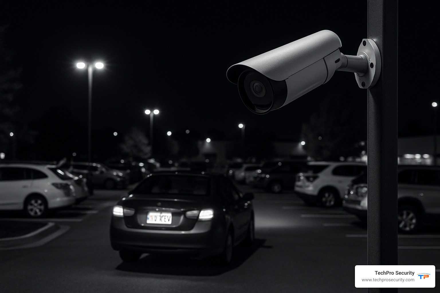 bullet camera capturing license plate at night - cctv camera for parking