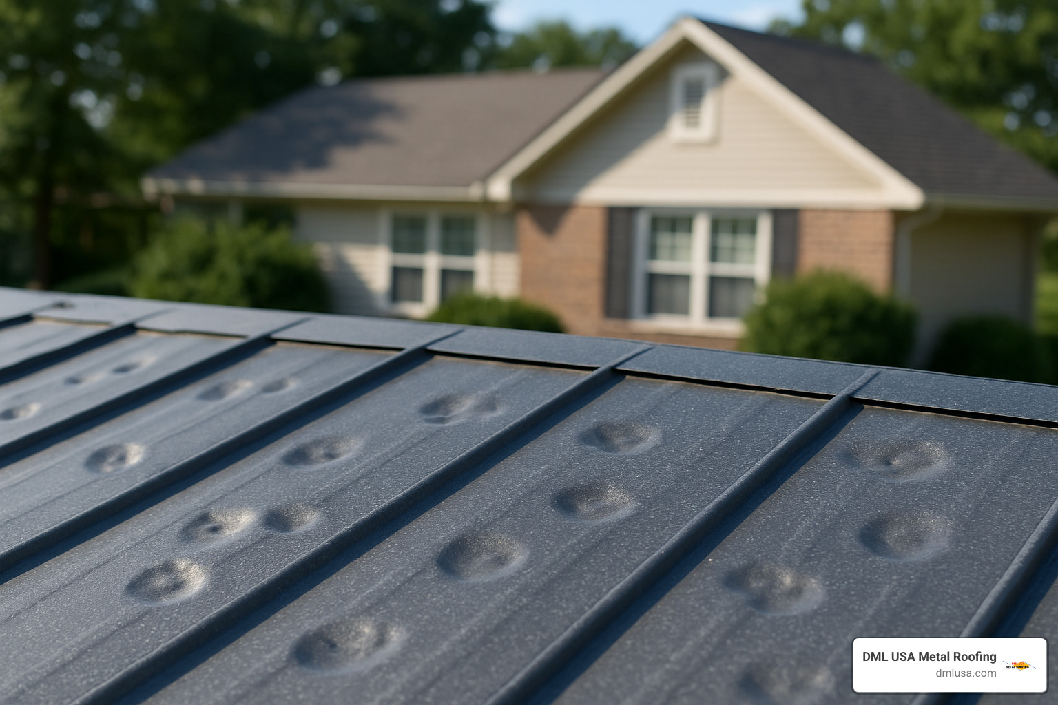 hail-tested metal panel showing dents but no penetration - Roofing metal vs shingles