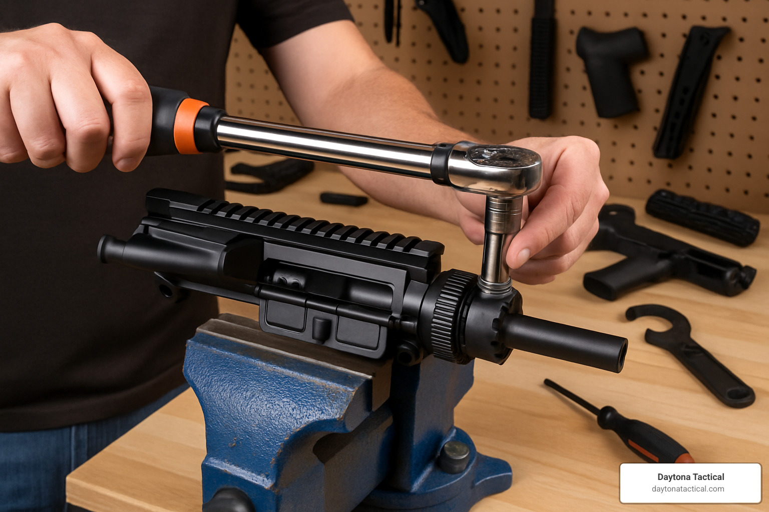AR-15 barrel being torqued with proper wrench - AR-15 upper assembly