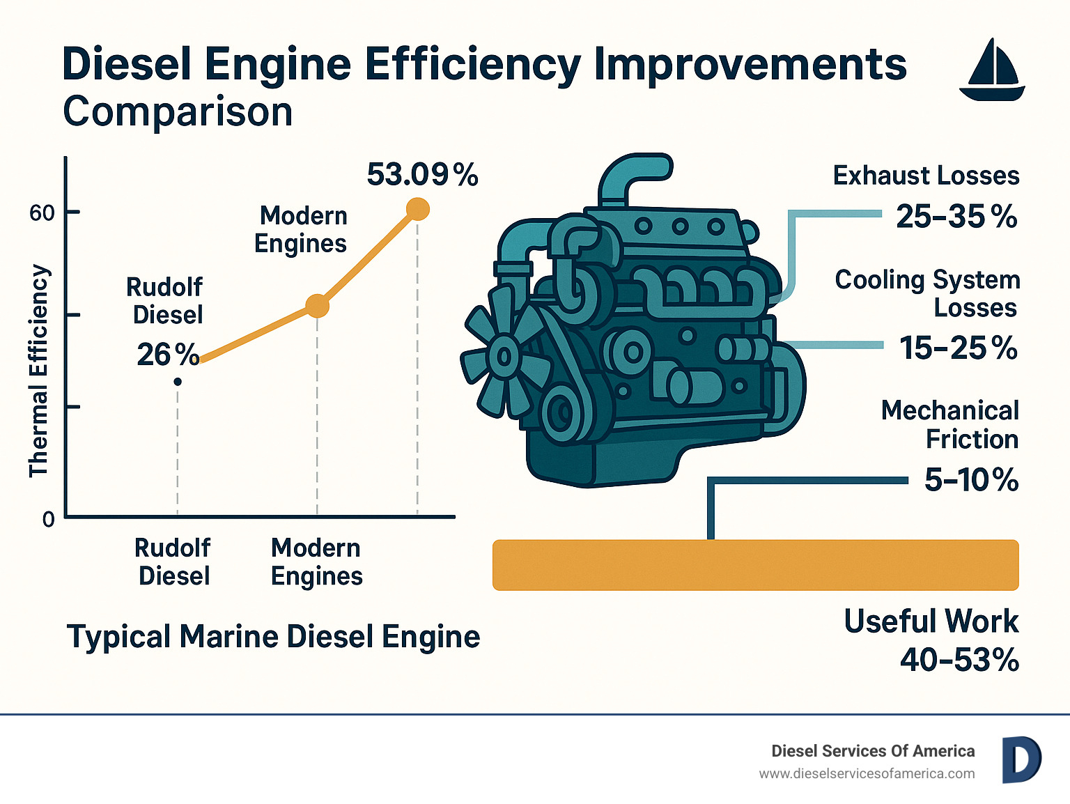 Diesel Engine Efficiency Improvements Comparison showing the progression of thermal efficiency from Rudolf Diesel's original 26% to modern engines at 46-48% and cutting-edge technology at 53.09%, with breakdown of energy losses in typical marine diesel engines including exhaust losses (25-35%), cooling system losses (15-25%), mechanical friction (5-10%), and useful work (40-53%) - Diesel engine efficiency improvements infographic 