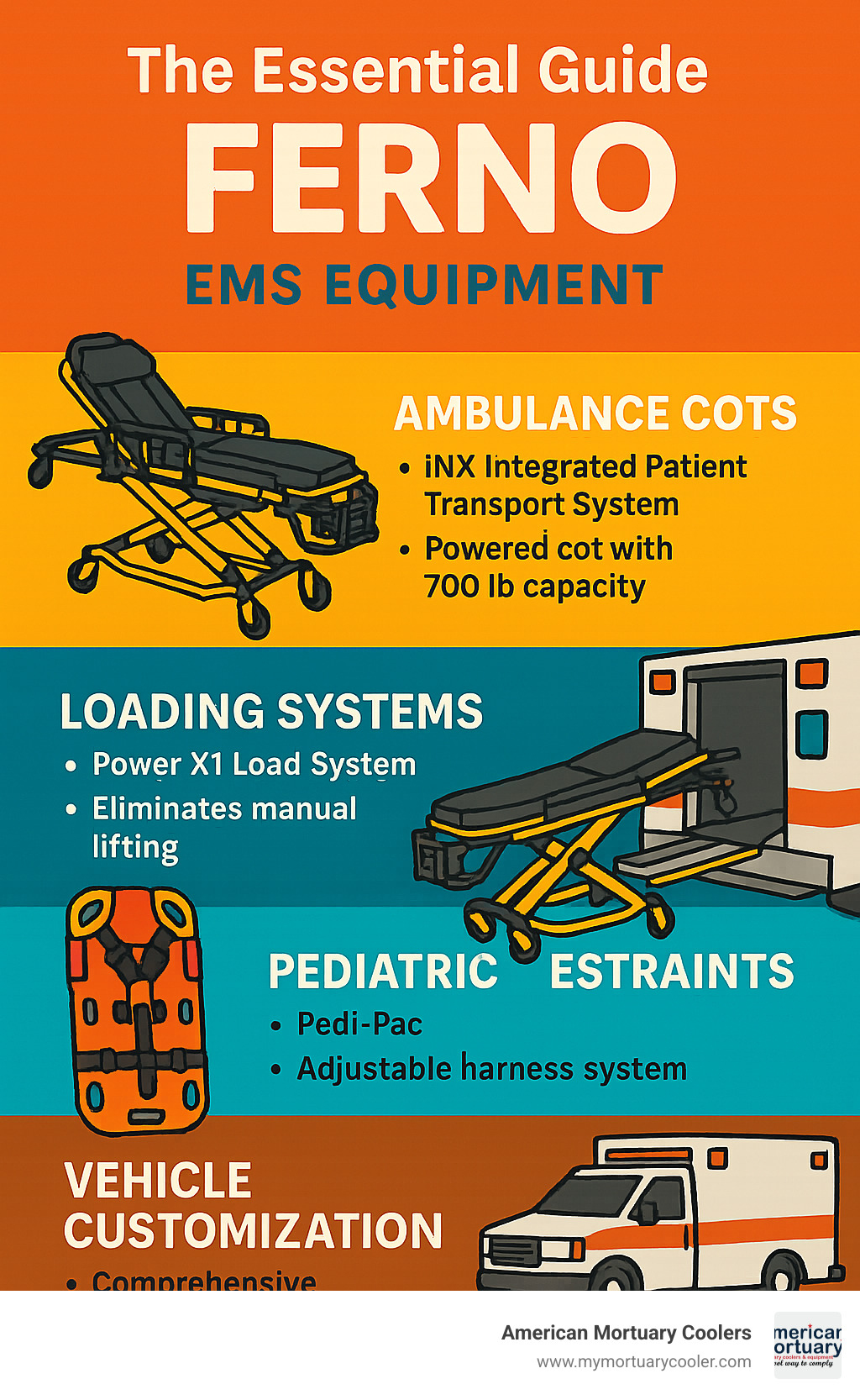 Comprehensive overview of Ferno's product ecosystem showing ambulance cots, loading systems, pediatric restraints, and vehicle customization services with their key specifications and features - ferno infographic 