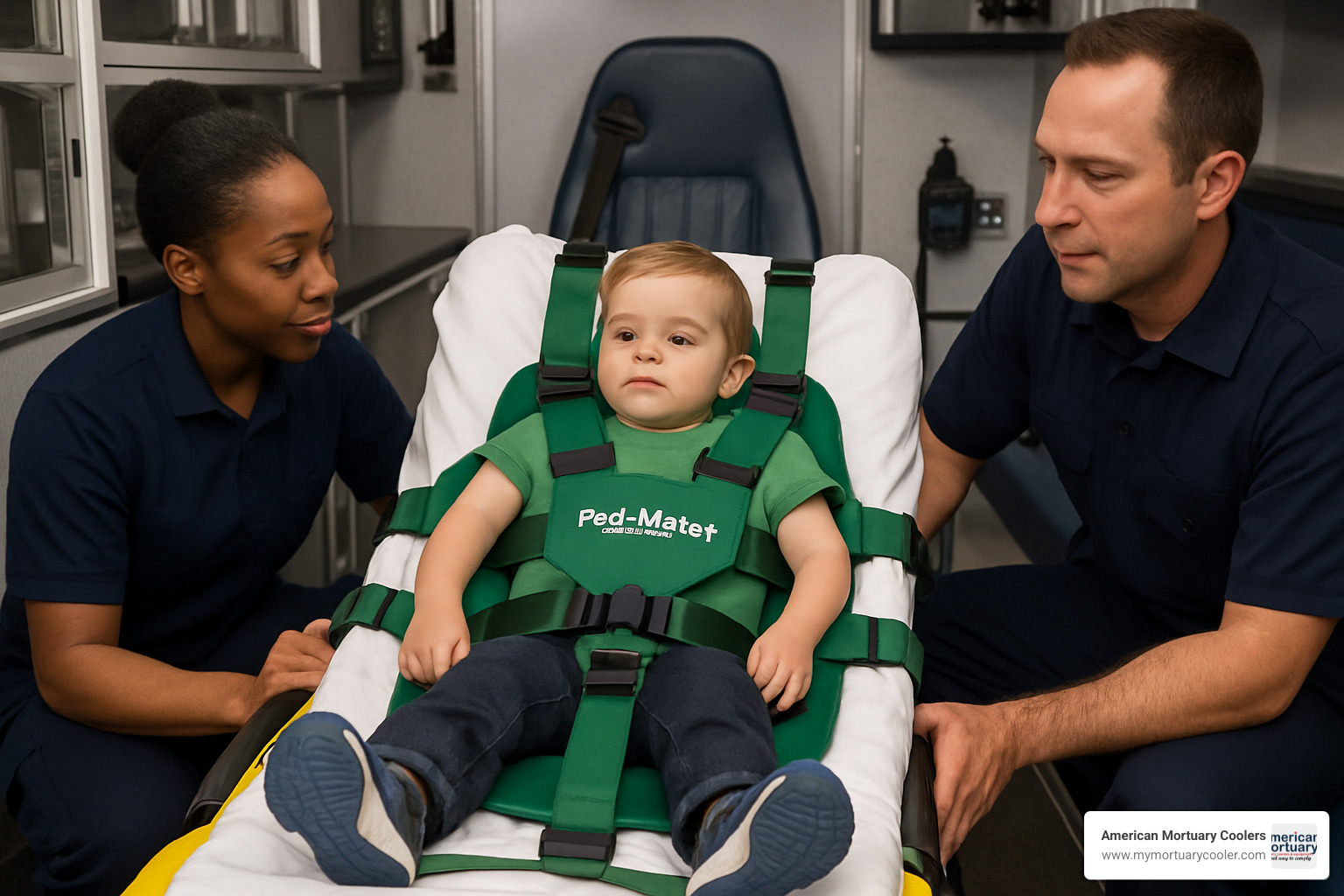 Pedi-Mate Plus restraint system in use securing a child on an ambulance stretcher - ferno