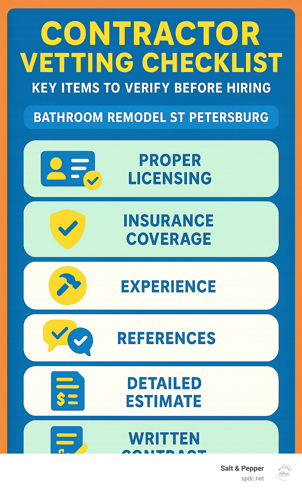 Contractor vetting checklist showing key items to verify before hiring - bathroom remodel st petersburg infographic 