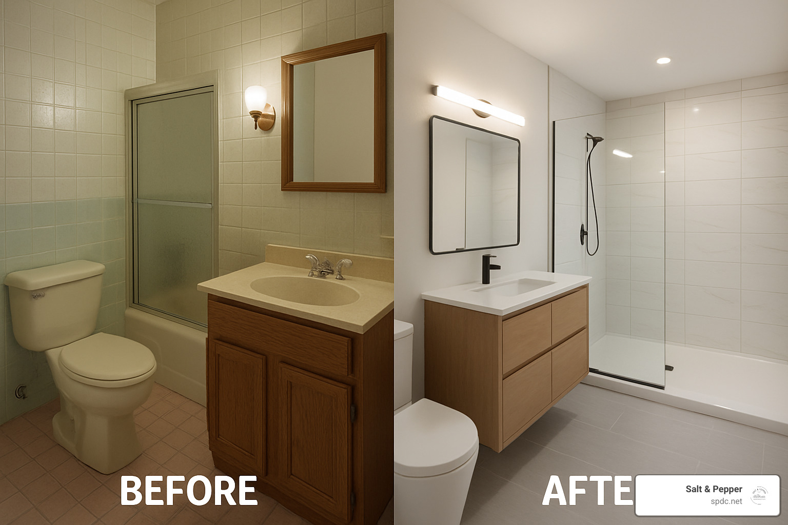 3D rendering of a modern bathroom design showing before and after change - bathroom remodel st petersburg