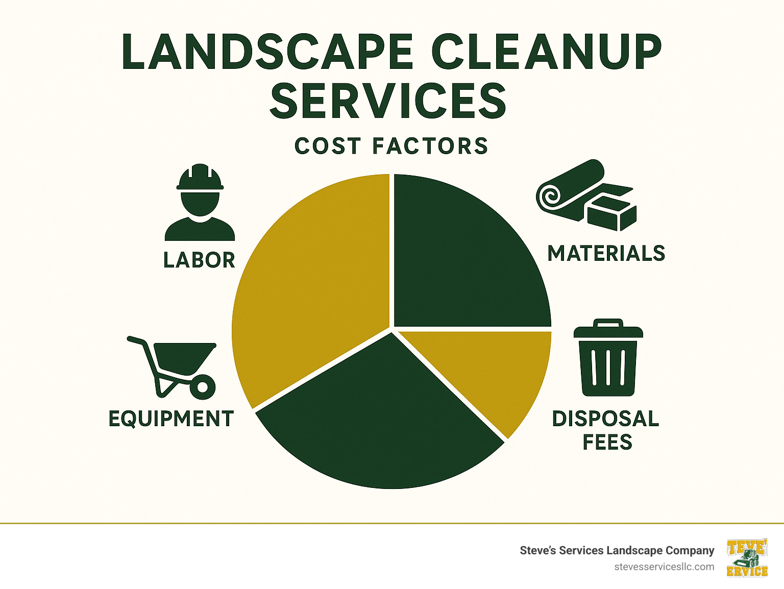infographic showing breakdown of landscape cleanup cost factors including labor, materials, equipment, and disposal fees - Landscape Cleanup Services infographic