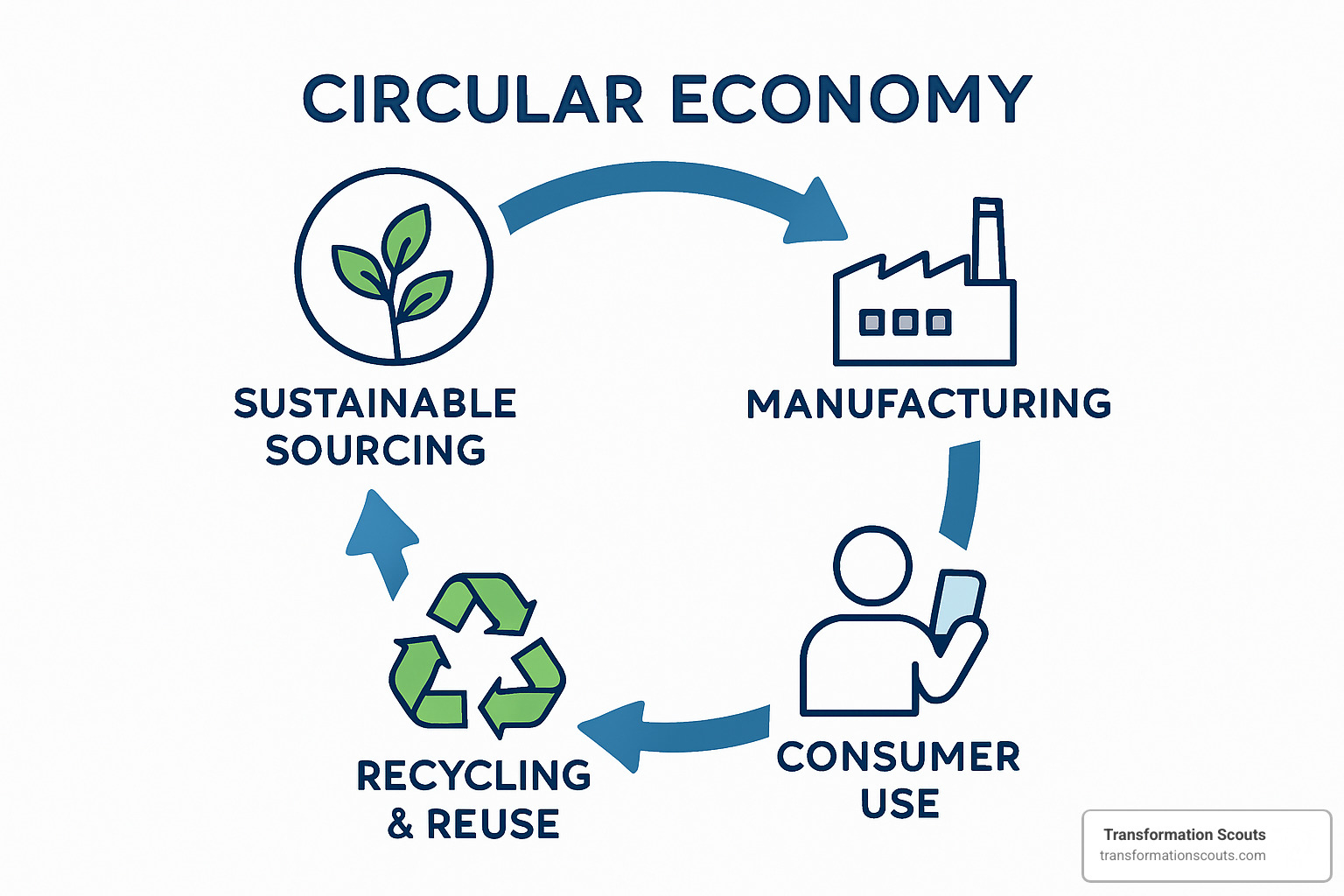 Circular economy diagram showing product lifecycle from sustainable sourcing through consumer use to recycling and reuse - innovative marketing strategies for sustainable growth