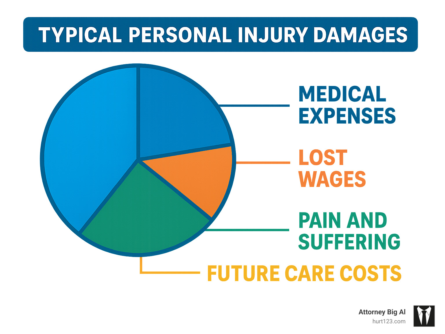 Chart showing breakdown of typical personal injury damages including medical expenses, lost wages, pain and suffering, and future care costs - Miami personal injury law firm infographic