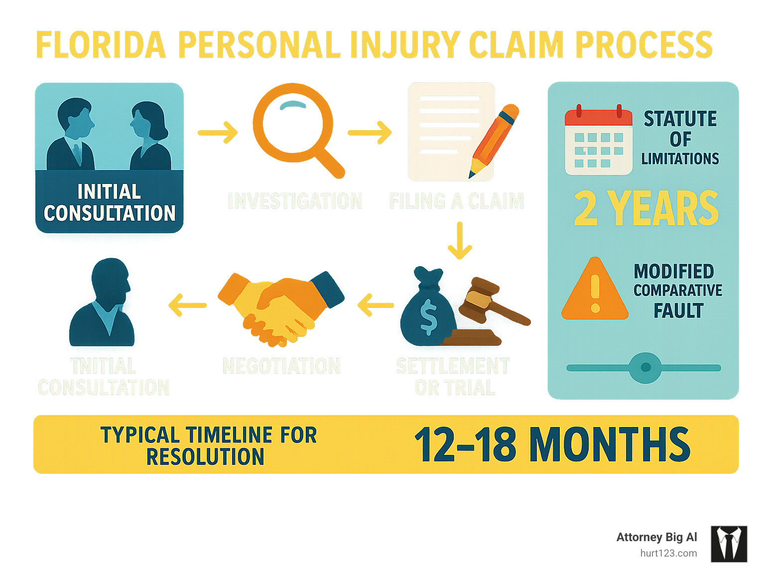 Florida personal injury claim process showing steps from initial consultation through settlement or trial, including statute of limitations, modified comparative fault rules, and typical timeline of 12-18 months for resolution - Miami personal injury law firm infographic