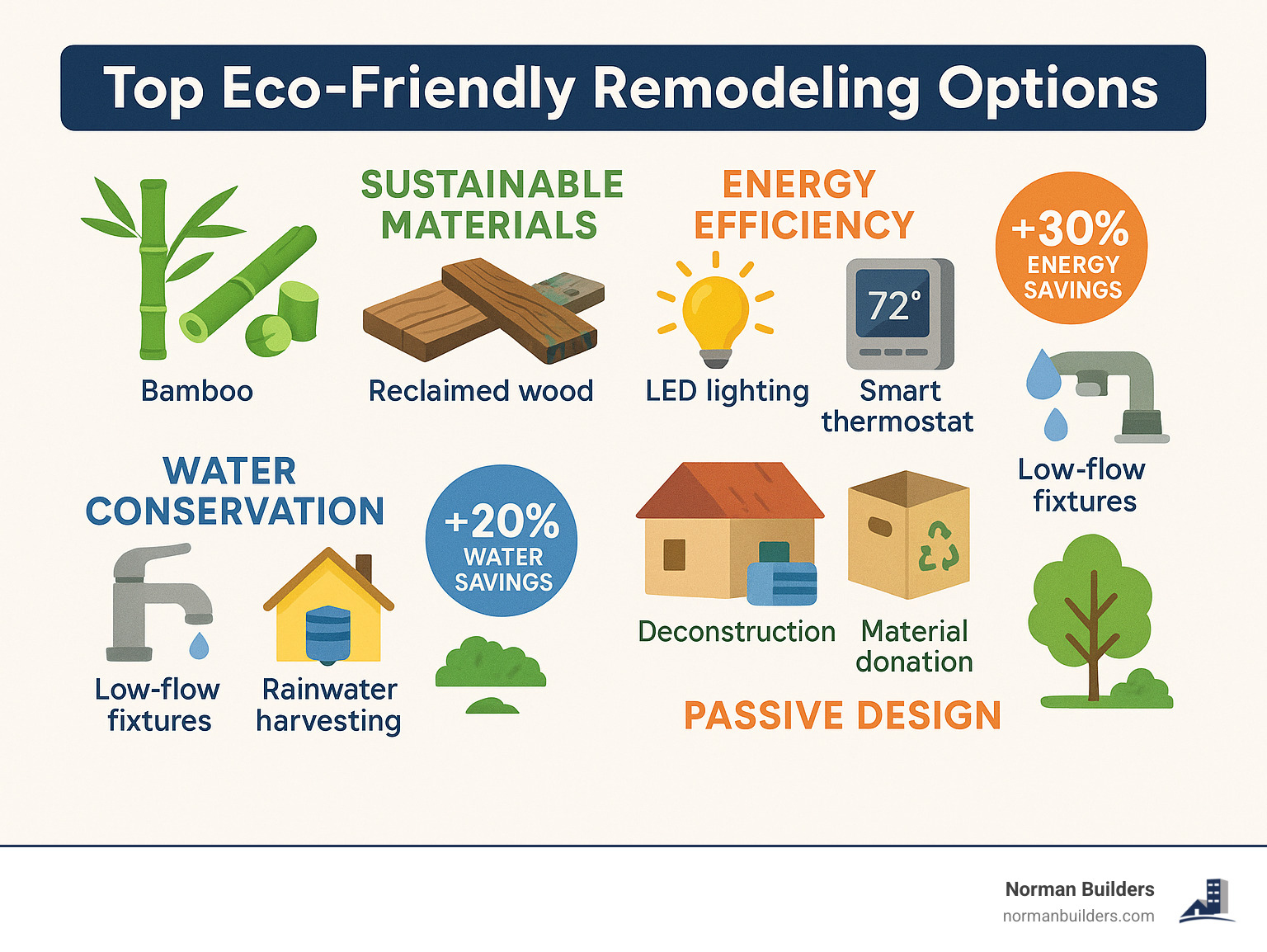 Top eco-friendly remodeling options showing sustainable materials (bamboo, reclaimed wood, recycled glass), energy efficiency upgrades (solar panels, LED lighting, smart thermostats), water conservation methods (low-flow fixtures, rainwater harvesting), waste reduction strategies (deconstruction, material donation), and passive design elements (skylights, insulation, strategic landscaping) with approximate energy and water savings percentages - eco-friendly remodeling ideas infographic 