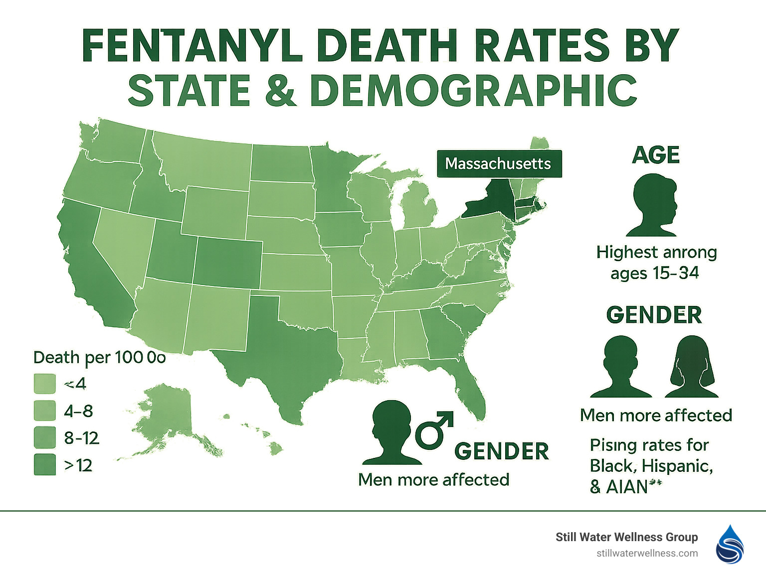 Infographic showing state-by-state fentanyl death rates with demographic breakdowns - fentanyl addict life expectancy infographic 
