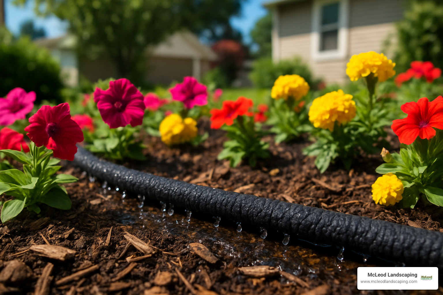 soaker hose watering garden bed with flowers - drip irrigation systems
