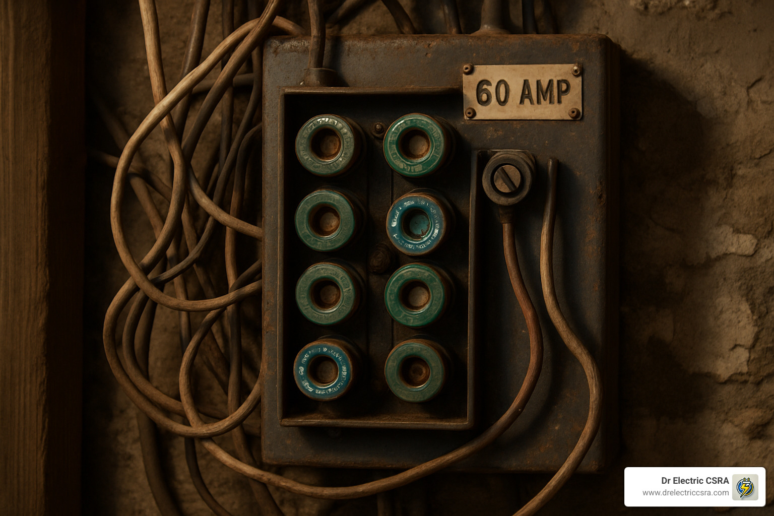 Old electrical panel with 60 amp capacity, featuring six round fuses and exposed wiring, illustrating the need for modern electrical upgrades for safety and increased capacity.