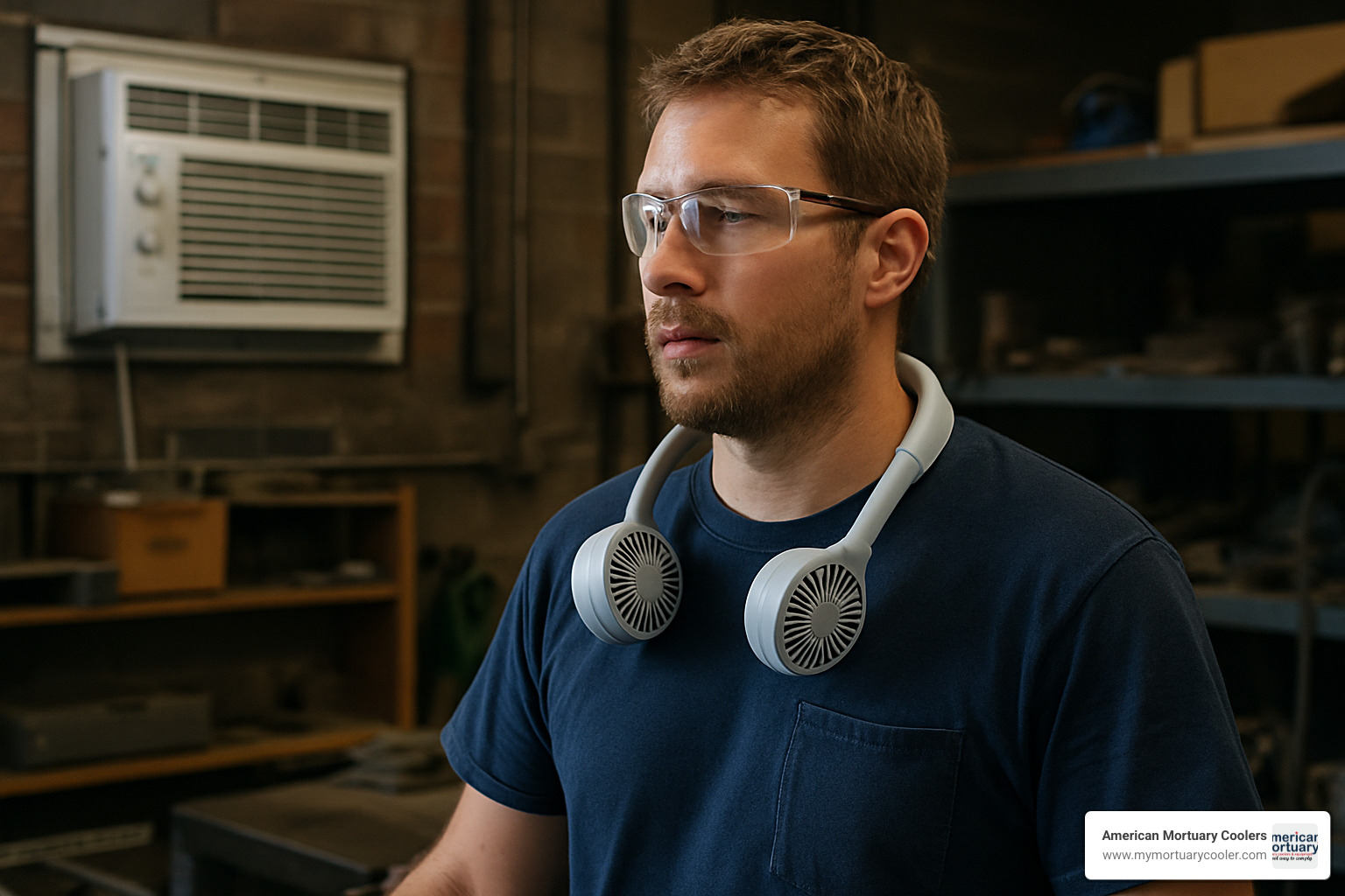 Worker using portable body cooler instead of window AC unit - portable body cooler
