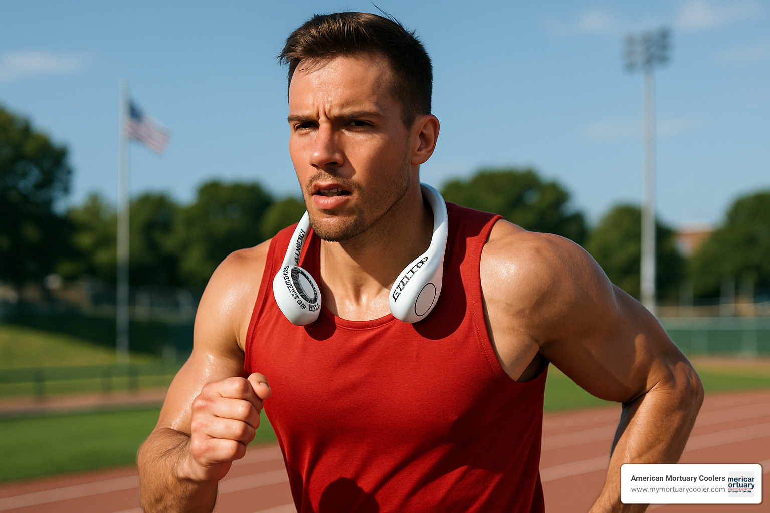 Athlete using wearable neck cooler during intense workout - portable body cooler