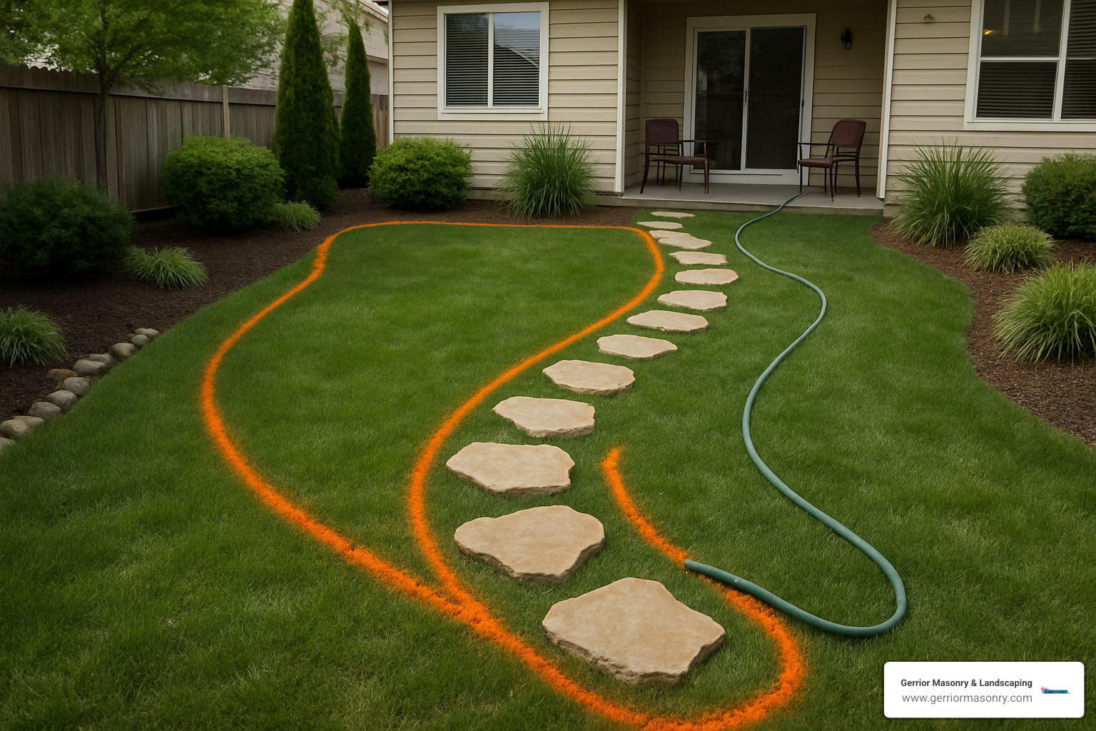 spray-painted layout for flagstone stepping stone path - installing flagstone stepping stones
