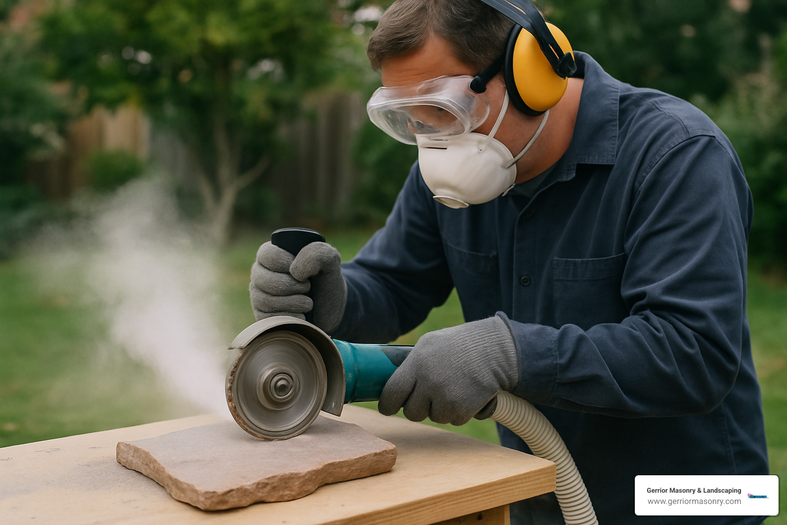 person safely cutting flagstone with angle grinder and proper safety equipment - installing flagstone stepping stones